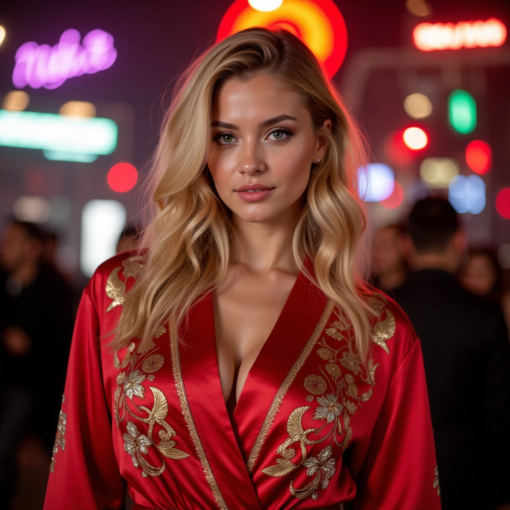 25 yo lewd blonde woman with a ornamented red and gold silk boxer robe, full body, magazine photoshoot style, character pose, front view, neon lights, soft bokeh show lights in background, raw, film grain, niji 6, 4k UHD, absurdres