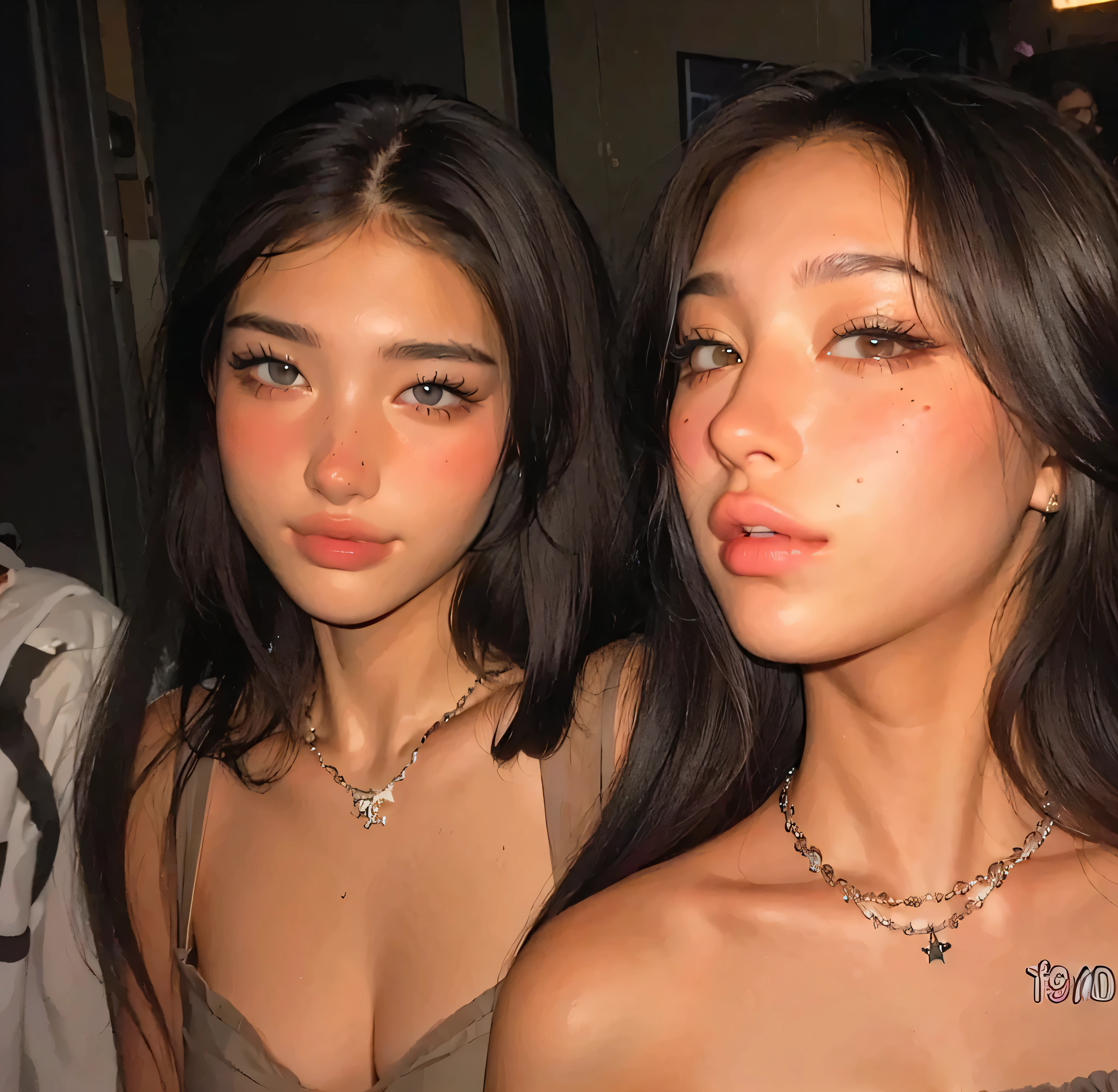 duas mulheres com cabelos longos e sem camisa posam para uma foto, com hera, rostos lindos, 18 anos de idade, with a twin, asian features, beautiful Gemini twins, asian women, Ayami Kojima e Lyde Caldwell, 1 6 anos, dois modelos no quadro, Ruan Jia e Mandy Jurgens, Duas garotas