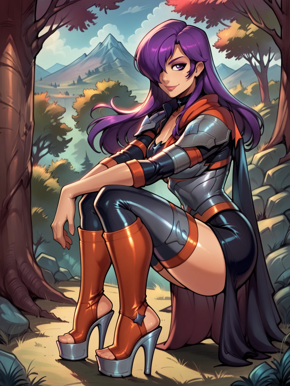 score_9, score_8_up, score_7_up, BREAK, masterpiece, best quality, shez, hair over one eye, choker, armor, cape, black dress, single glove, thighhighs, armored legwear, orange boots, closed mouth, trees, mountains,reiq art style,wearing platform heels,stirrup legwear,purple hair,squatting,feet,perfect feet,dynamic pose,single hair bun