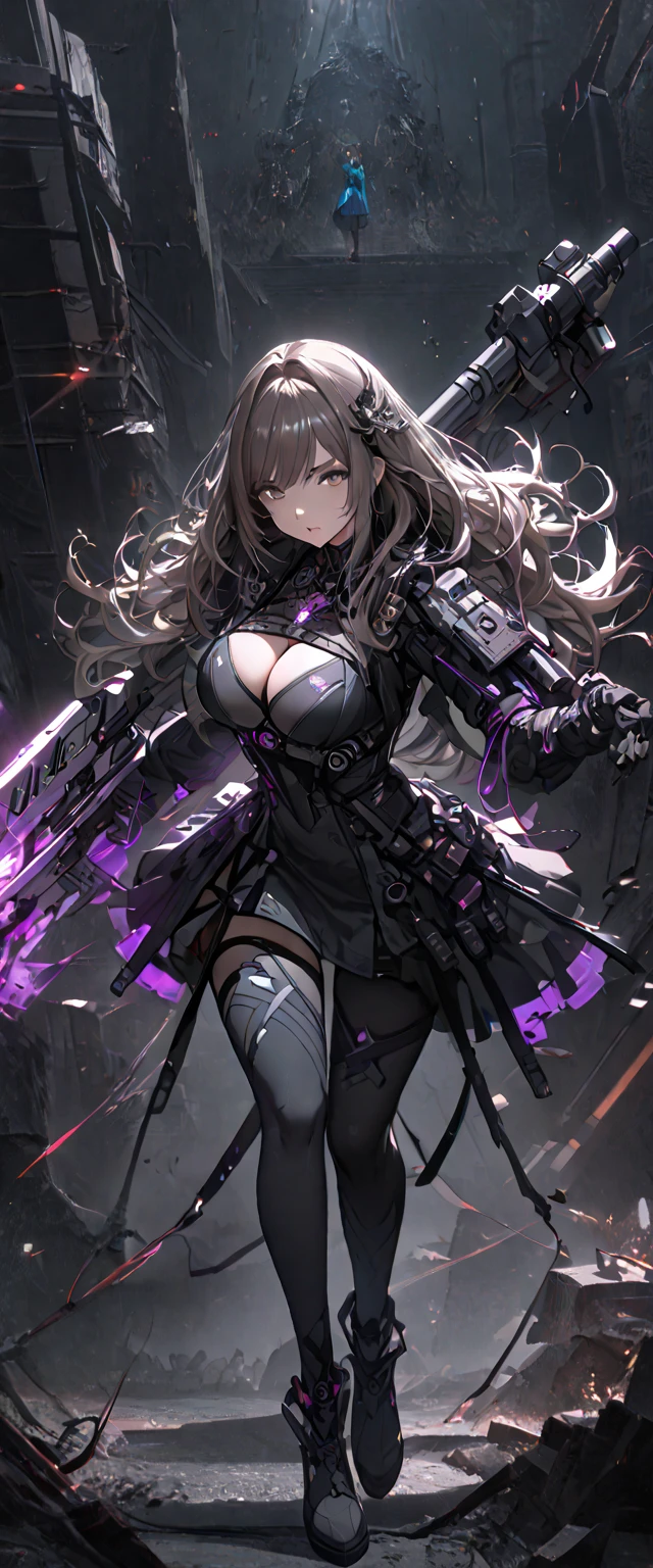 (cyber punk girl), (nikke), (top quality:1.2, masterpiece:1.4, EXQUISITE RENDERING:1.3),  ((Fighting Pose:1.5)), ((full body photo:1.7))、(((Secret Weapon Girl:1.5)), ((A girl carrying a weapon that looks like a feather on her back:1.5)), (Clear eyes,  glossy lips, pretty face), ((ARMS CONVERTED TO LASER CANNON:1.4)), (WITH LASER CANNON:1.4), ((White long dress:1.8)), (EXQUISITE PAINTED DRESS),   MECHANIZED ANIMATION MACHINE GUN FIRE,  A warring sniper girl, Soldier Girl,  FEMALE ACTION ANIMATION ANIMATION GIRL, Neon City,  POST APOCALYPSE ART,  androgynous,  mixed media,  blue legwear, Analog Horror, Nightmare Fuel,  seductively beautiful,  Beautiful and Evil, (cleavage), (between breasts),Image showing the whole body, ((black background:1.6)),