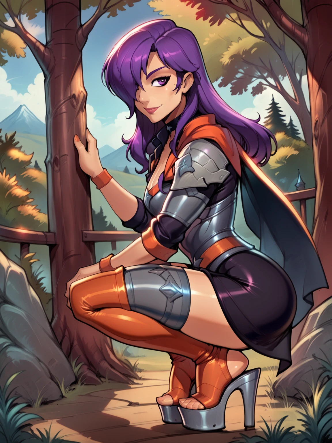 score_9, score_8_up, score_7_up, BREAK, masterpiece, best quality, shez, hair over one eye, choker, armor, cape, black dress, single glove, thighhighs, armored legwear, orange boots, from side, standing, whole body, looking at viewer, smile, closed mouth, trees, mountains,reiq art style,wearing platform heels,stirrup legwear,purple hair,squatting,feet,perfectfeet