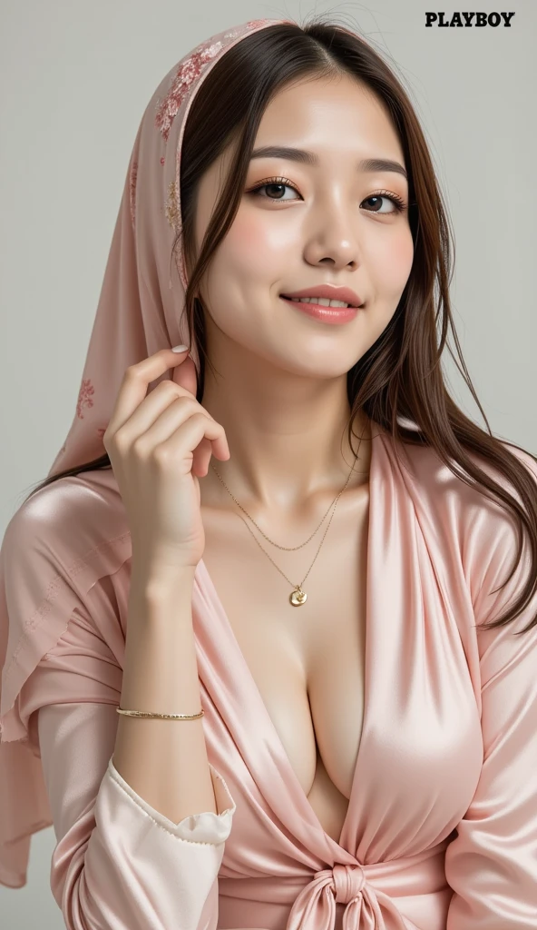 A vintage image of a 20 year old hijab Malay woman, skinny, ((breasts)), silk flowery hijab, ((magazine)), ((simple make up)), ((medium skin)), ((high quality)), pale skin, ((cute tall face)), seductive look, ((playboy cover)), playboy, magazine, cover, 