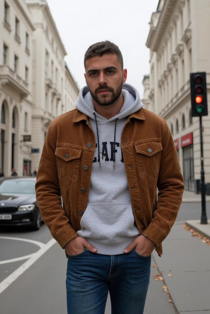 "A young man stands confidently in the middle of a European city street, surrounded by elegant architecture with tall, light-colored buildings. He is wearing a layered outfit that blends modern and classic style: a brown corduroy overshirt, casually unbuttoned, over a gray hoodie with bold collegiate lettering. The hoodie’s drawstrings hang loosely, adding to the relaxed vibe, while the rich texture of the corduroy contrasts with the soft fabric underneath. He completes the outfit with well-fitted blue jeans, maintaining a balanced and effortless look. His posture is calm yet poised, with one hand tucked into his jacket while the other hangs loosely at his side. His hair is very short. and he gazes off to the side, as though caught in a candid moment of thought. The background features a muted, moody urban environment, with fallen autumn leaves scattered across the pavement and a glowing green traffic light subtly illuminating the scene. The soft, diffused light enhances the textures and tones of his outfit while adding a cinematic atmosphere to the composition, perfectly blending fashion and city charm."