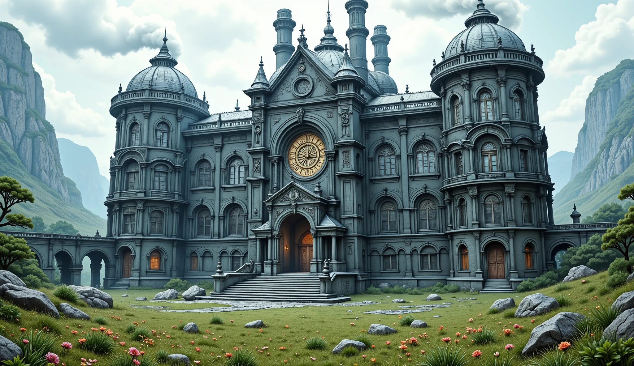 Wide view, futuristic, Sci-fi cinematic scene. Green grassland and flowers field natural background. the giant Armored Steampunk palace, stone mix metallic Gothic style Palace. Gear andMachine elements, metal smoking chimery. Golden runes and cybernectic line decorate, Grimmdark, mechanical. (Ultra-realistic, 32k, Masterpiece, High Quality, Detailed Realistic Background, Official Art, Realistic Lighting, filmfotos, film grain, reversal film photography).