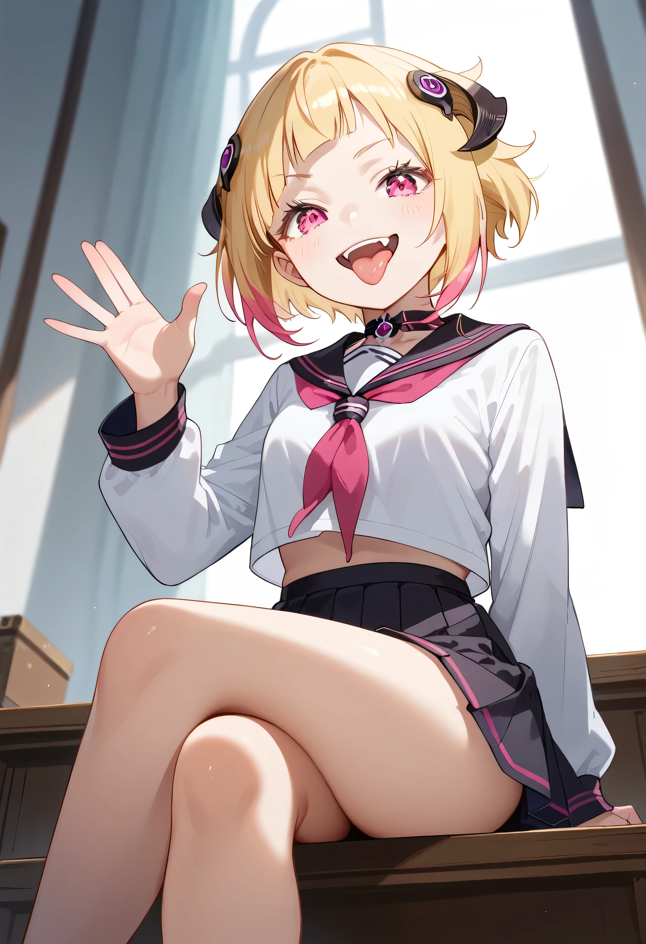 score_9_up,score_8_up,score_7_up,RE_SY,solo,1girl,
multicolored hair,blonde hair,short hair,pink eyes,
fang,tongue out,hair ornament,
tongue,looking at viewer,cowboy_shot,standing,white_background,simple_background,waving,black skirt,white shirt,school_uniform,from_below,crossed_legs,sitting,1girl, blonde hair,masterpiece , best quality, , lookin under, ,, smile, purple brassiere, from below,evil laugh, small girl,small loli,beautiful body,villain pose,