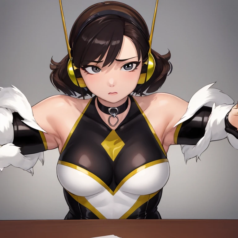 Best Quality, (masterpiece),(ultra detailed), (high quality), (High resolution), wasp, 1 girl, gorda, broad body, short hair, blue eyes, choker, headphones,gloves, elbow gloves, make up