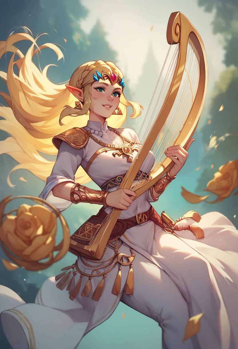 Princess zelda floating holding a harp playing it