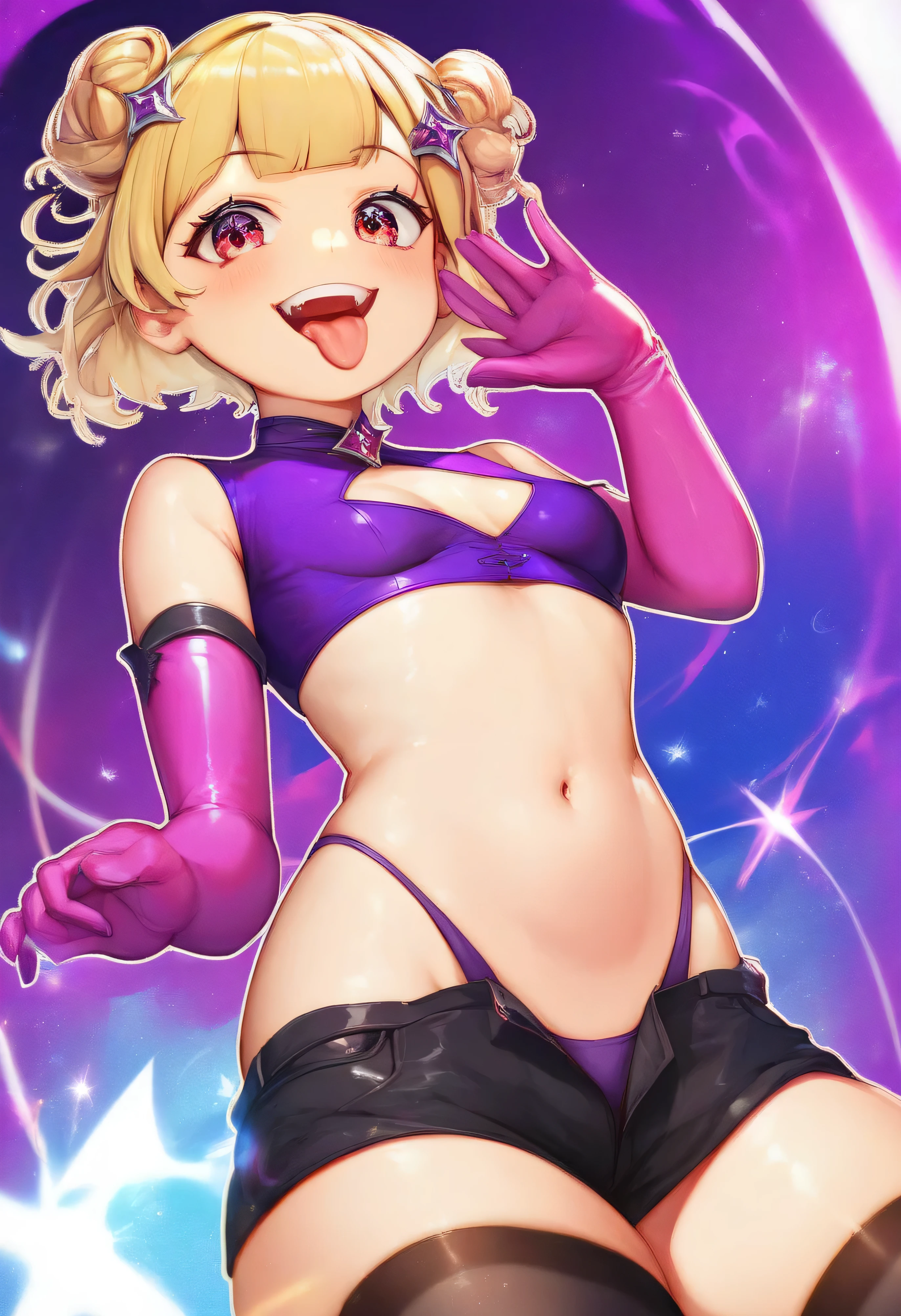 masterpiece, best quality, good quality, newest, CEL, AnFit, red eyes, blonde hair, purple crop top, 1girl, tongue out, black thighhighs, looking at viewer, purple gloves, cowboy shot, short shorts, black shorts, small breasts, highleg panties, hair ornament, purple background, underwear, hand up, panty straps, smile, cleavage cutout, simple background, open mouth, purple panties, two-tone background, pink gloves, sidelocks, outline1girl, blonde hair,masterpiece , best quality, , lookin under, ,, smile, purple brassiere, from below,evil laugh, small girl,small loli,beautiful body,villain pose,