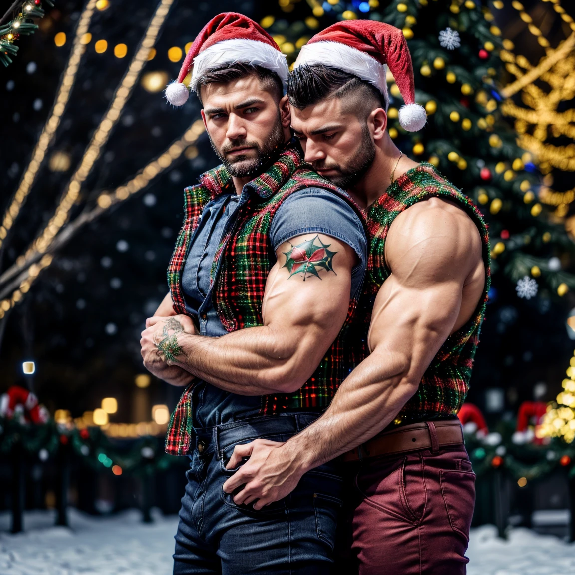 Masterpiece, High Quality, Best Quality, ultra quality, highly detailed , ultrarealistic , cinematic, best quality, high resolution ,masterpiece , realistic , photorealistic realistic eyes, intricate details, detailed background, depth of field, dynamic pose, dynamic angle , male focus ,bodybuilder ,handsome  (detailed face) (((Two  Arafed muscular gorgeous Caucasian men standing next to a Christmas tree, hugging each other ,closeup, good mysterious lights))), first male  is wearing red and black  style Parka outfit well fit fur collar vest ,Santa hat, gloves , black boots , chiseled  very handsome ,Spiky Brunette Mohawk hair side shaved , (( short  beard 2.0 )), wearing black pants ,looking like courage ,his muscles are tightening his jacket showing his abs , the second men  is wearing jeans and unbuttoned (((flannel shirt))),dark crew cut hair with stubble beard ,hugging each other, emotions, love ,dominant appearance , aura of intensity and magnetism ,elegant, , oozing  energy,(( in a city park decorated with ((Christmas lights 1.0 )) ((light bokeh)),snow , masterpiece 1.0 )) ,(( more snowflakes )) should serve as background , handsome  with a sad expression , super gain and cool, high resolution committee, attractive strong male, lonely masterpiece, wide angle, highlighting the strong muscle lines ,  symbol of strength. Perspective and perspective: shooting from a low angle , highlighting the height and majesty of  men. Or use a side perspective to show the posture and tattoo of a  men.