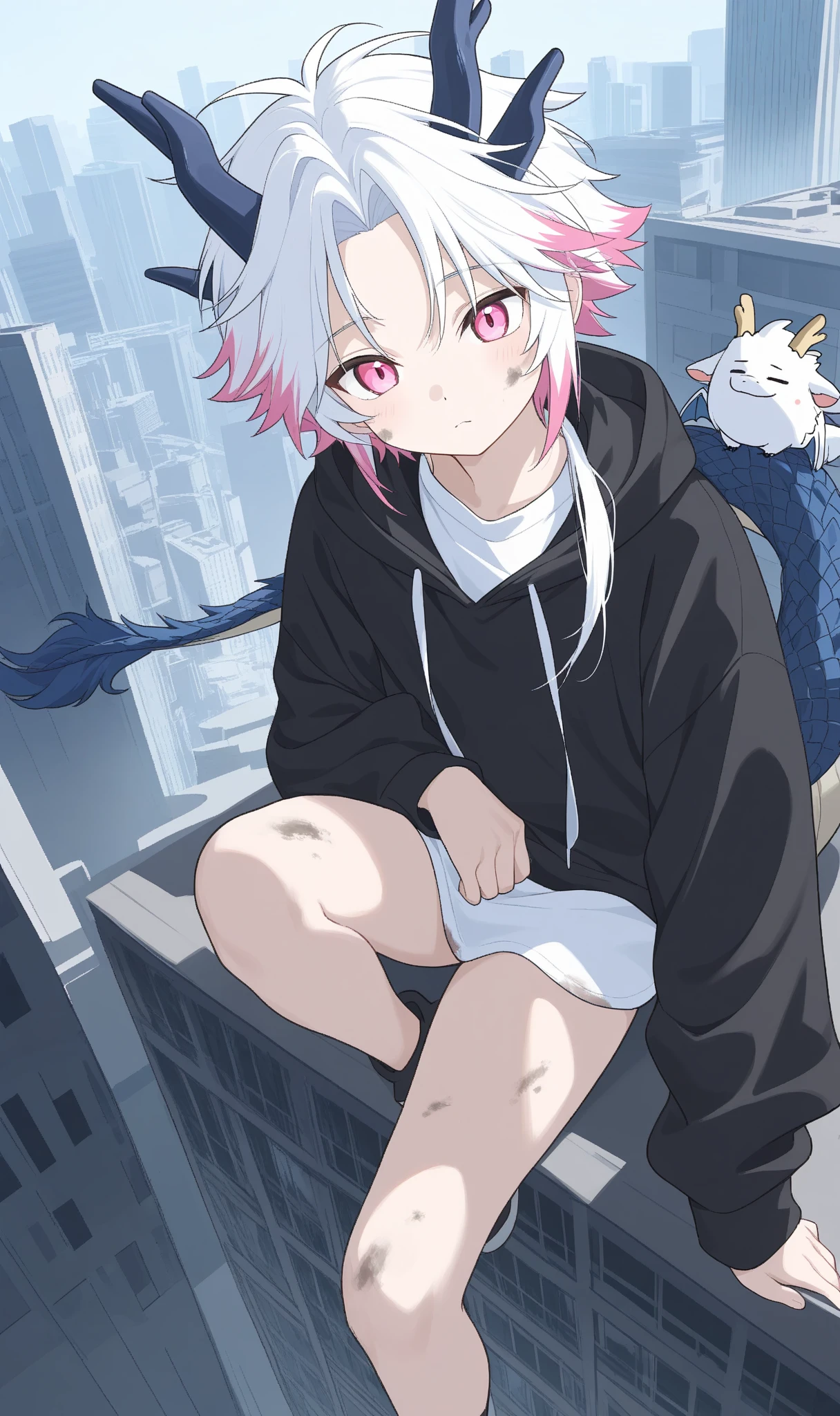 Cozy cute short girl squatting outdoors in white hoodie, cat ears, (floating lens flare bubbles), fangs, (detailed eyes, two-tone eyes, purple turquoise gradient eyes), short white hair, fluffy hair, sneakers, white lingerie, black miniskirt, park scenery in broad daylight, dynamic angle