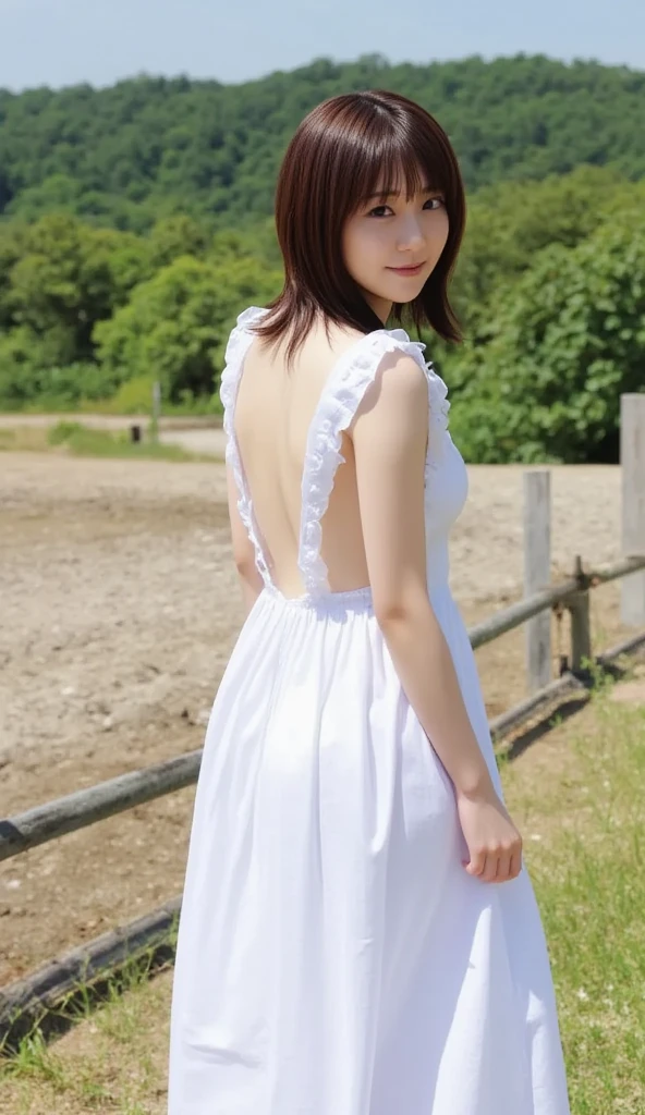 ( RAW photos ,  top quality), ( realistic ,  they love each other :1.3), masterpiece,  very delicate and beautiful, Soft light, (Brown Hair,  straight shoulder-length hair fluttering in the wind),  beautiful detailed girl in a blue maid dress, ( Detailed Fingers ),  extremely detailed eyes and face ,  beautiful detailed nose ,  beautiful detailed eyes,  1 girl,  Japanese ,  pretty and clean beauty, cute, young, ((white dress)),  pants, (half body:1.3), (Big Breasts:1.2),  realistic  face,  realistic  body,  standing with different breasts 