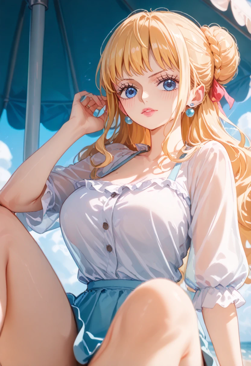 anime, anime one piece,  Female character ,  long hair,  light blond hair, hair tied in a bun ,  subtle freckles on the cheekbone ,  light blush on the cheekbone , pink lips,  Blue Eyes,  Big breasts , very pretty face ,  high resolution, Necessary,  wearing a knee-length white dress, with brown buttons on the front , sunny background, beach.