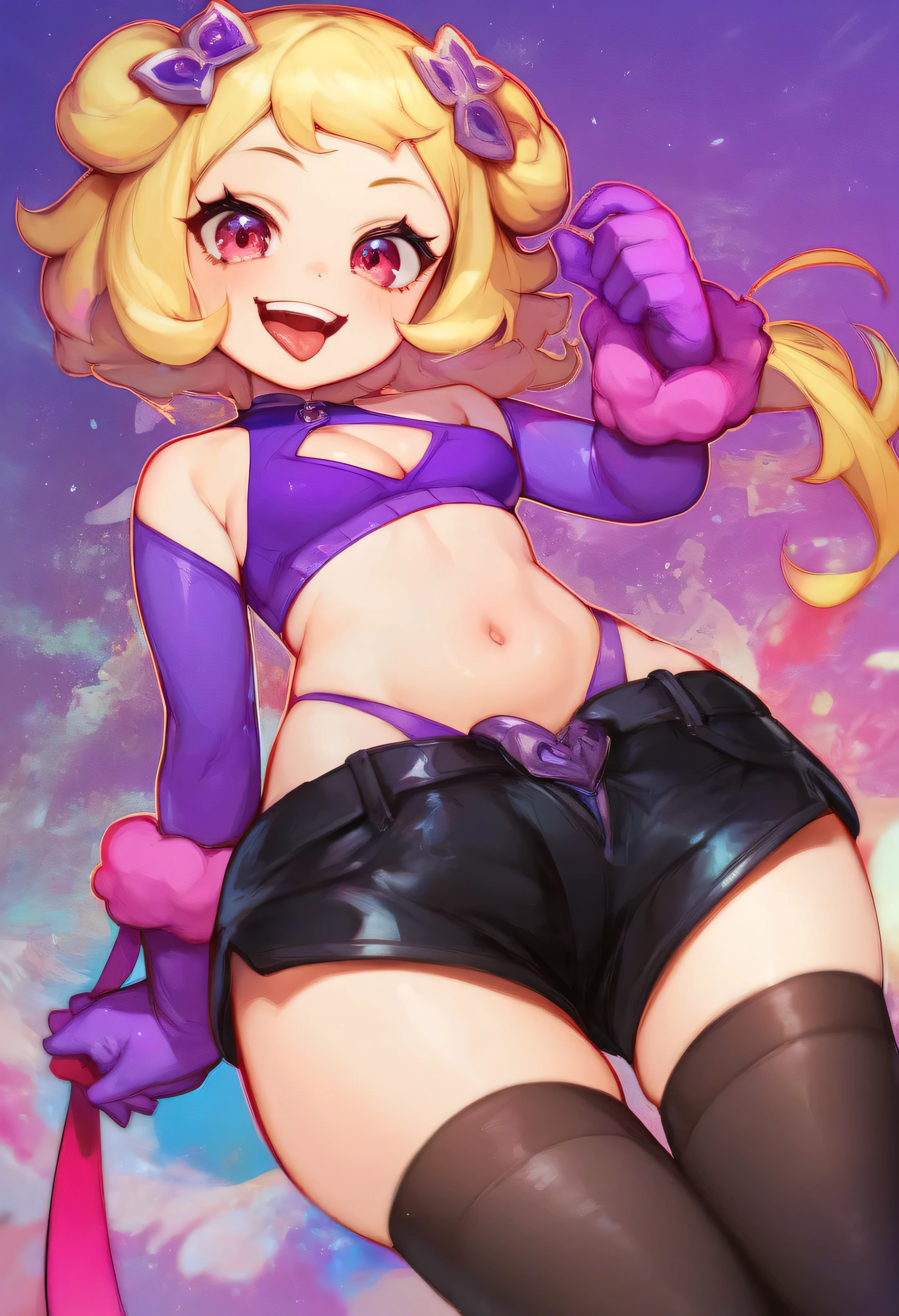 masterpiece, best quality, good quality, newest, CEL, AnFit, red eyes, blonde hair, purple crop top, 1girl, tongue out, black thighhighs, looking at viewer, purple gloves, cowboy shot, short shorts, black shorts, small breasts, highleg panties, hair ornament, purple background, underwear, hand up, panty straps, smile, cleavage cutout, simple background, open mouth, purple panties, two-tone background, pink gloves, sidelocks, outline1girl, blonde hair,masterpiece , best quality, , lookin under, ,, smile, purple brassiere, from below,evil laugh, small girl,small loli,beautiful body,villain pose,