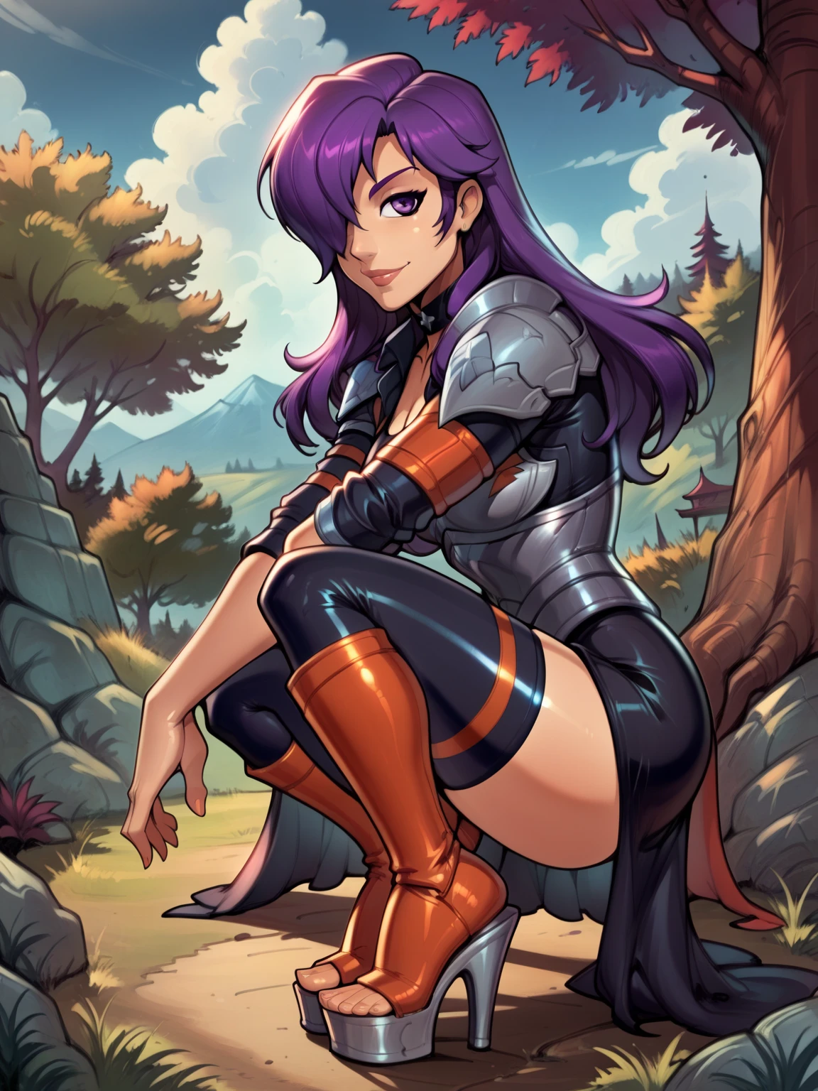 score_9, score_8_up, score_7_up, BREAK, masterpiece, best quality, shez, hair over one eye, choker, armor, cape, black dress, single glove, thighhighs, armored legwear, orange boots, from side, standing, whole body, looking at viewer, smile, closed mouth, trees, mountains,reiq art style,wearing platform heels,stirrup legwear,purple hair,squatting,feet,perfect feet,dynamic pose