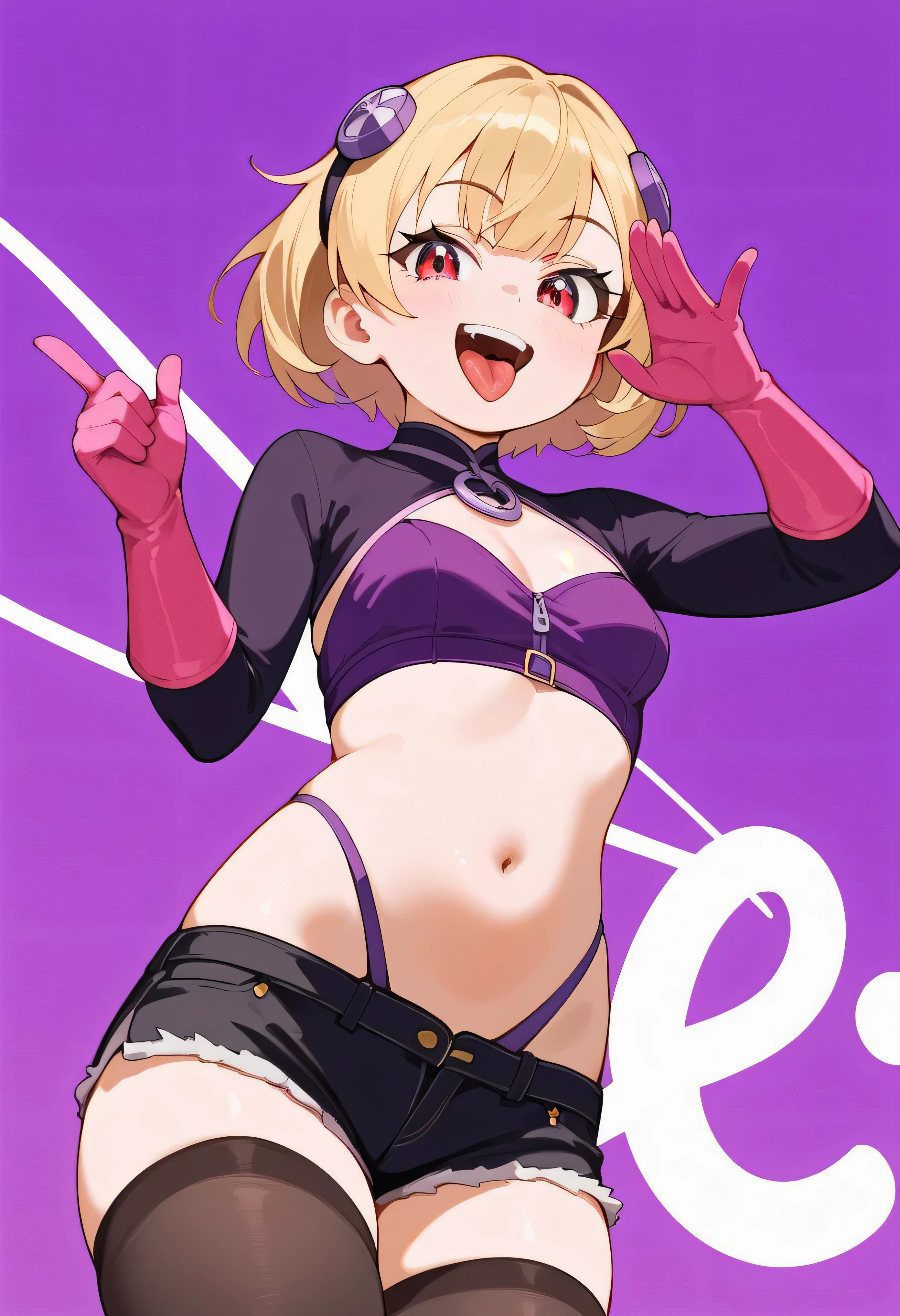 masterpiece, best quality, good quality, newest, CEL, AnFit, red eyes, blonde hair, purple crop top, 1girl, tongue out, black thighhighs, looking at viewer, purple gloves, cowboy shot, short shorts, black shorts, small breasts, highleg panties, hair ornament, purple background, underwear, hand up, panty straps, smile, cleavage cutout, simple background, open mouth, purple panties, two-tone background, pink gloves, sidelocks, outline1girl, blonde hair,masterpiece , best quality, , lookin under, ,, smile, purple brassiere, from below,evil laugh, small girl,small loli,beautiful body,villain pose,