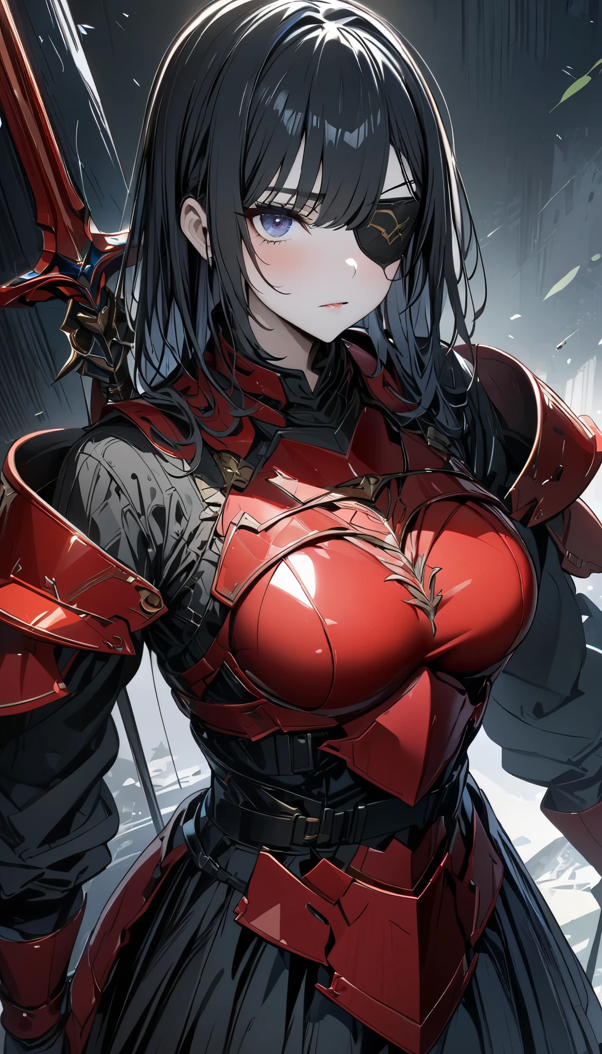 (masterpiece, top quality :1.2,超 high definition , detailed description 、 high detail 、correct、 high definition )、 One Girl 、Big Breasts、Eye patch、 black hair、side ponytail、swept bangs、 medium hair taken from the front、 knee-high、 clothes that allow you to see the chest 、I'm wearing red armor、 has a spear、 hold the weapon in front