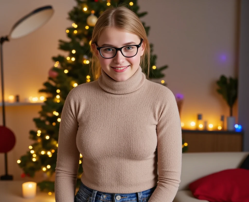 a selfie, The focus is on the chest of a prepubertal **-****-*** Scandinavian girl  . She is well built and has a round face. ( She has lots of freckles on her skin ).   She has a blonde ponytail  ,   that goes up to her shoulders  .   Her snub nose is very small and cute  .   She has a small mouth and delicate  , thin lips,   a short forehead and a short neck  .   Her eyes are naturally blue and glow  ,   You have perfectly round pupils and a very detailed round iris  . her breasts are small.  She has beautiful hands with five fingers and artificial green  , Short fingernails .   She has high and round cheekbones  ,   that blush a little  . (  She always wears modern glasses with a medium-wide black frame). she looks into the camera smiling. (She is not wearing makeup  ).   The camera shows her round thighs  .   She is wearing a modern winter outfit  . She is wearing a beige sweater with cable pattern  ,   a hat and a modern winter coat as well as jeans .   She has a scarf around her neck , She warms  .  She stands in front of the mirror in a very modern and Christmassy living room and takes a selfie. The background is a large festively decorated Christmas tree  .