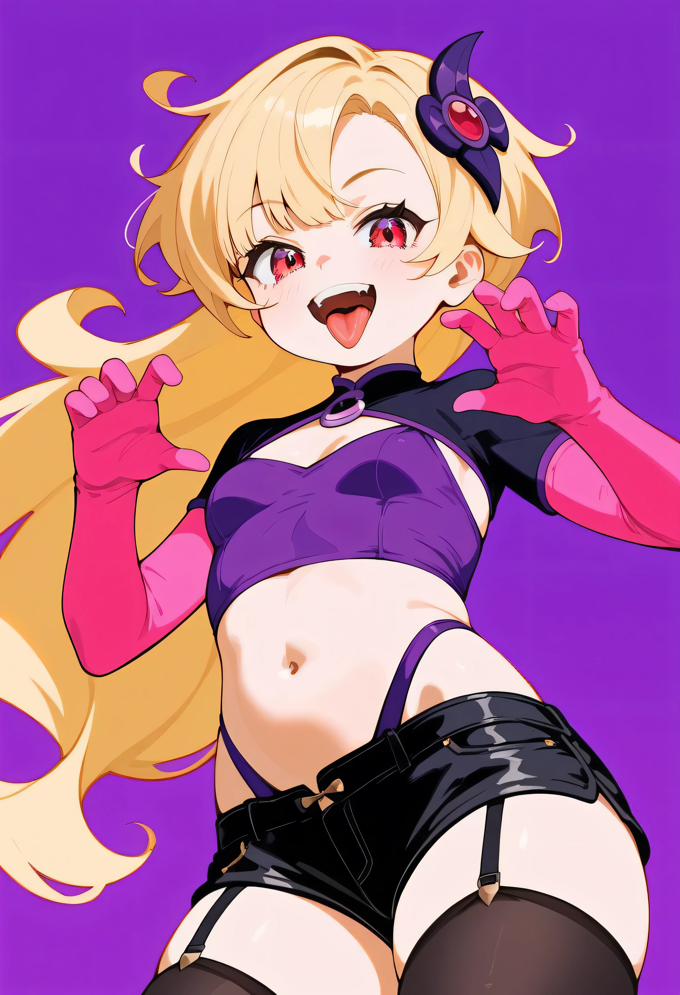 masterpiece, best quality, good quality, newest, CEL, AnFit, red eyes, blonde hair, purple crop top, 1girl, tongue out, black thighhighs, looking at viewer, purple gloves, cowboy shot, short shorts, black shorts, small breasts, highleg panties, hair ornament, purple background, underwear, hand up, panty straps, smile, cleavage cutout, simple background, open mouth, purple panties, two-tone background, pink gloves, sidelocks, outline1girl, blonde hair,masterpiece , best quality, , lookin under, ,, smile, purple brassiere, from below,evil laugh, small girl,small loli,beautiful body,villain pose,