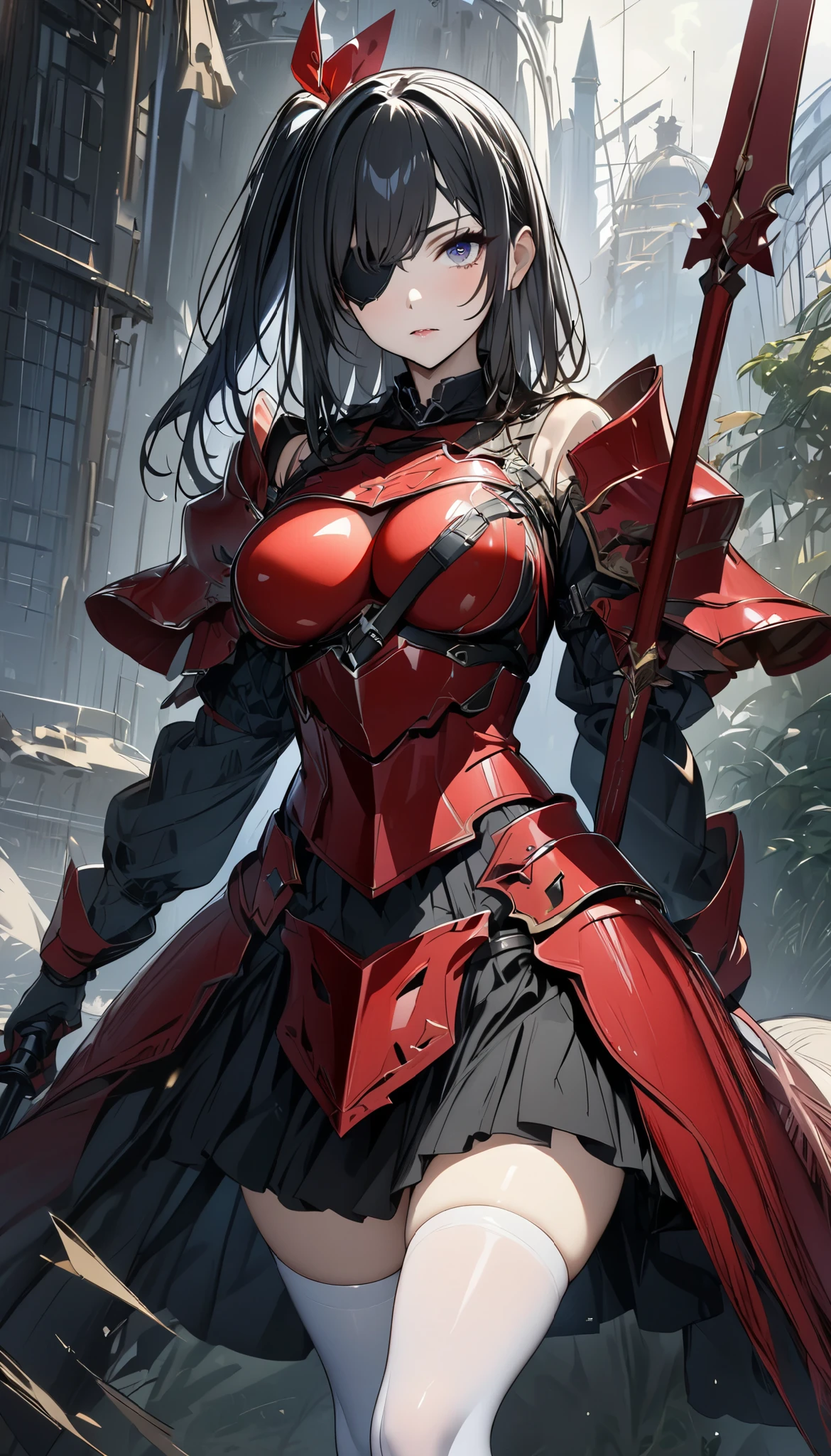 Anime girl with a sword and a red outfit in a city - SeaArt AI