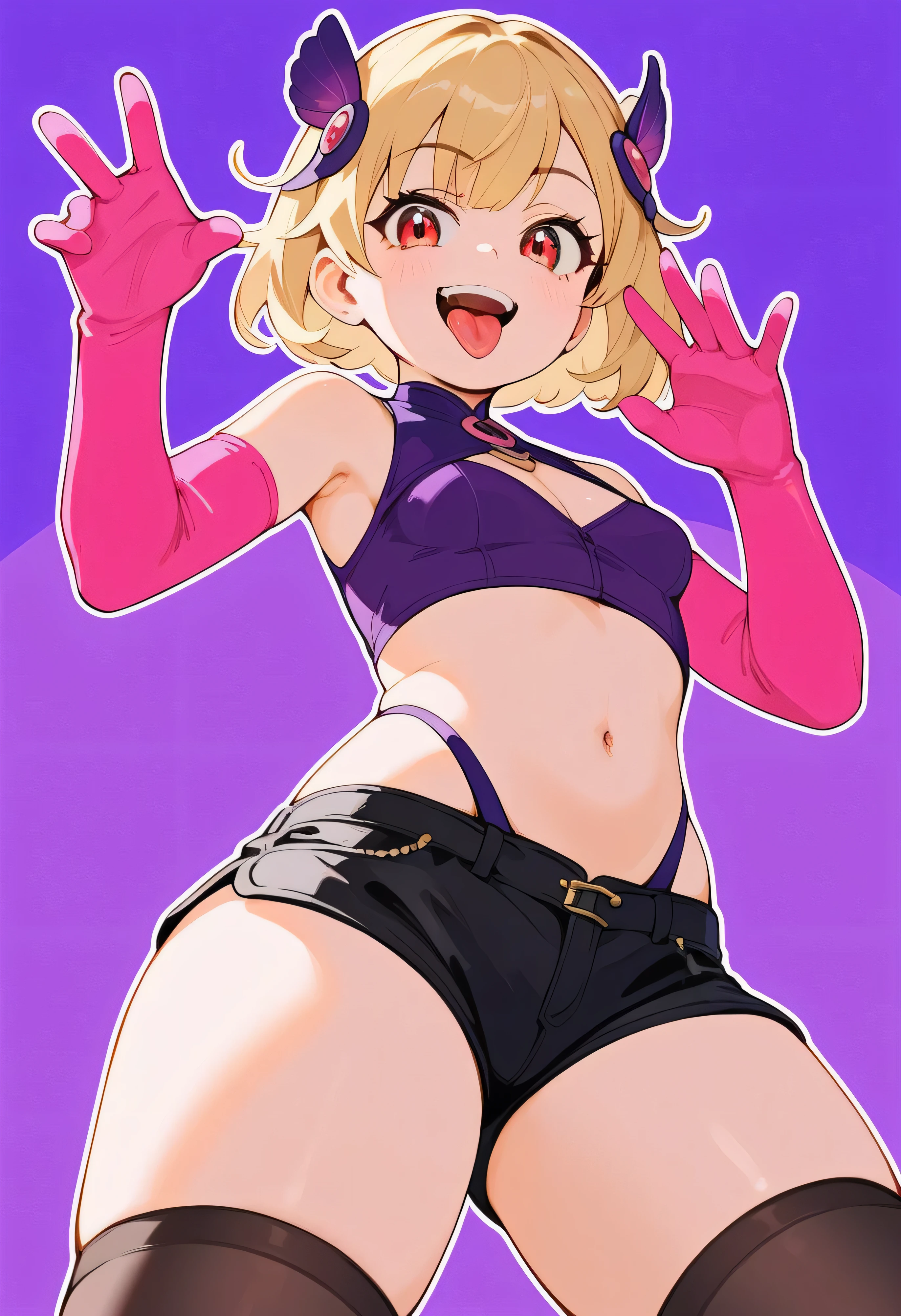 masterpiece, best quality, good quality, newest, CEL, AnFit, red eyes, blonde hair, purple crop top, 1girl, tongue out, black thighhighs, looking at viewer, purple gloves, cowboy shot, short shorts, black shorts, small breasts, highleg panties, hair ornament, purple background, underwear, hand up, panty straps, smile, cleavage cutout, simple background, open mouth, purple panties, two-tone background, pink gloves, sidelocks, outline1girl, blonde hair,masterpiece , best quality, , lookin under, ,, smile, purple brassiere, from below,evil laugh, small girl,small loli,beautiful body,villain pose,