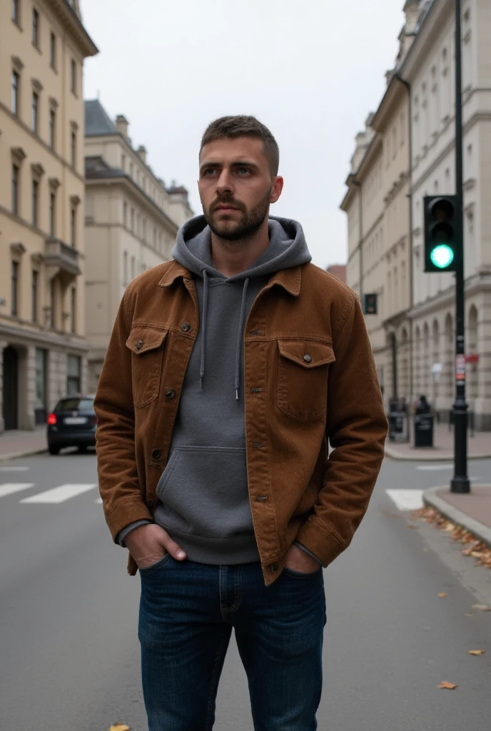 "A young man stands confidently in the middle of a Sweden city street, surrounded by elegant architecture with tall, light-colored buildings. He is wearing a layered outfit that blends modern and classic style: a brown corduroy overshirt, casually unbuttoned, over a blank vintage crisp grey hoodie. The hoodie’s drawstrings hang loosely, adding to the relaxed vibe, while the rich texture of the corduroy contrasts with the soft fabric underneath. He completes the outfit with well-fitted blue jeans, maintaining a balanced and effortless look. His posture is calm yet poised, with one hand tucked into his jacket while the other hangs loosely at his side. His hair is very short. and he gazes off to the side, as though caught in a candid moment of thought. The background features a muted, moody urban environment, with fallen autumn leaves scattered across the pavement and a glowing green traffic light subtly illuminating the scene. The soft, diffused light enhances the textures and tones of his outfit while adding a cinematic atmosphere to the composition, perfectly blending fashion and city charm."