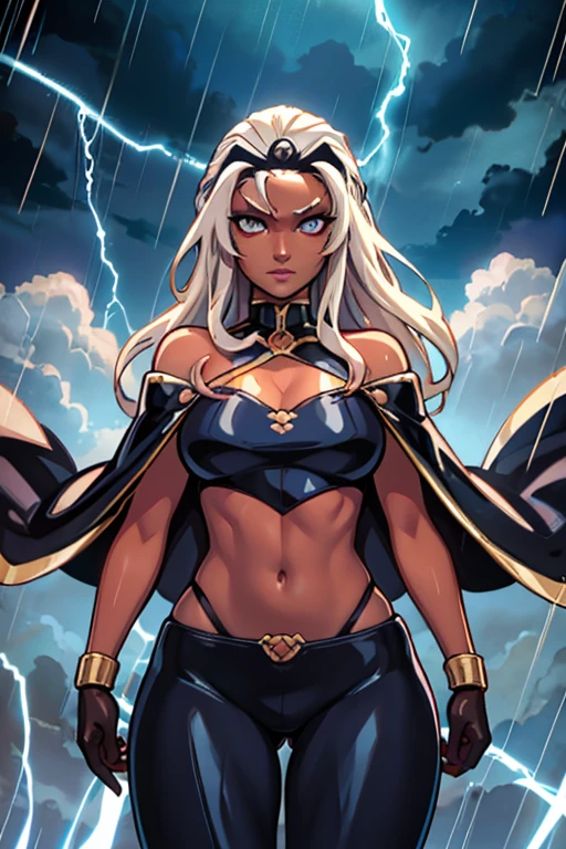 ,(Highly quality, masterpiece, detailed), stormy cloud city detailed scenario, stormy cloud city detailed background, 20 years old girl, dark clouds, rain, wet, 1girl, Ororo, dark skin, strapless, exposed shoulders, long hair, midriff, cape,l, gloves, skin tight pants, gold trim, Abdomen, Navel, beautiful eyes, perfect eyes, looking at the viewer, Sexy pose