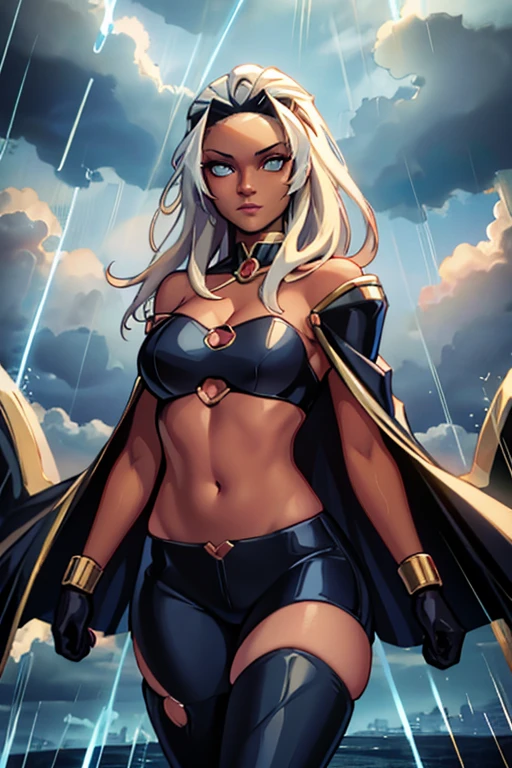 ,(Highly quality, masterpiece, detailed), stormy cloud city detailed scenario, stormy cloud city detailed background, 20 years old girl, dark clouds, rain, wet, 1girl, Ororo, dark skin, strapless, exposed shoulders, long hair, midriff, cape,l, gloves, skin tight pants, gold trim, Abdomen, Navel, beautiful eyes, perfect eyes, looking at the viewer, Sexy pose