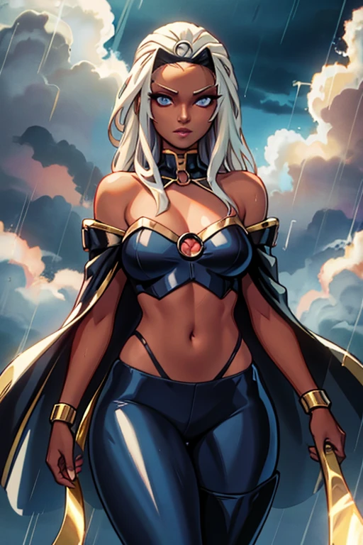 ,(Highly quality, masterpiece, detailed), stormy cloud city detailed scenario, stormy cloud city detailed background, 20 years old girl, dark clouds, rain, wet, 1girl, Ororo, dark skin, strapless, exposed shoulders, long hair, midriff, cape,l, gloves, skin tight pants, gold trim, Abdomen, Navel, beautiful eyes, perfect eyes, looking at the viewer, Sexy pose