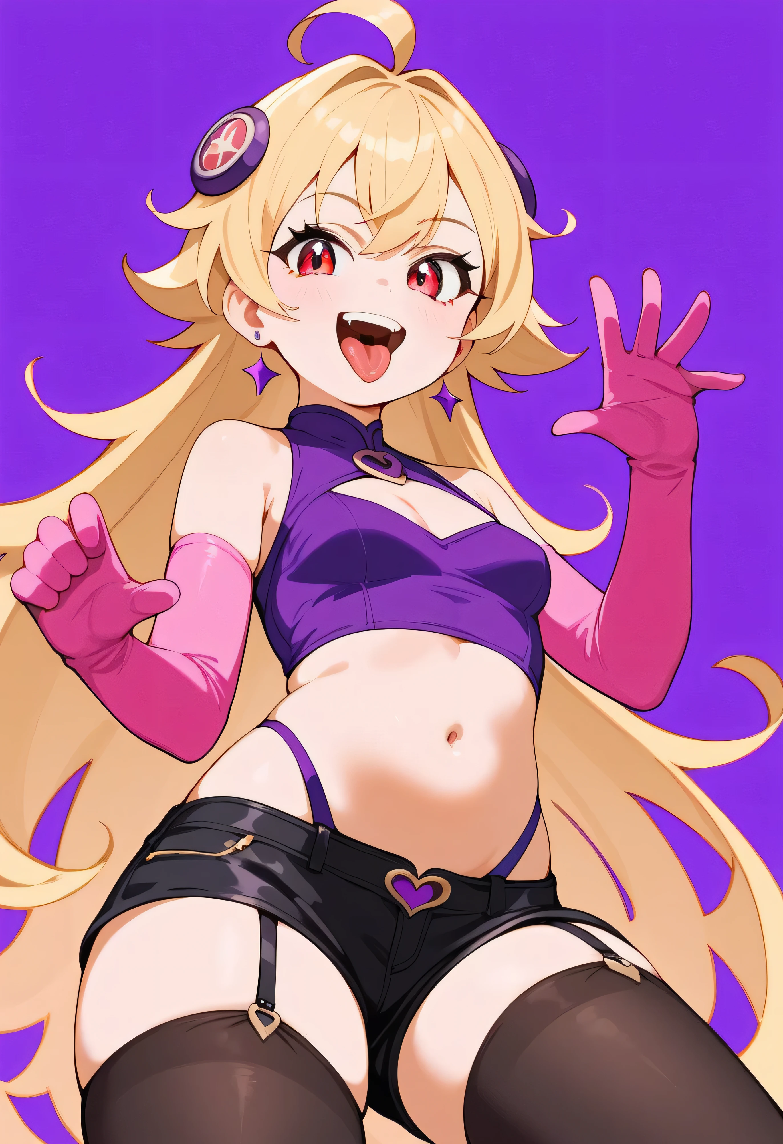 masterpiece, best quality, good quality, newest, CEL, AnFit, red eyes, blonde hair, purple crop top, 1girl, tongue out, black thighhighs, looking at viewer, purple gloves, cowboy shot, short shorts, black shorts, small breasts, highleg panties, hair ornament, purple background, underwear, hand up, panty straps, smile, cleavage cutout, simple background, open mouth, purple panties, two-tone background, pink gloves, sidelocks, outline1girl, blonde hair,masterpiece , best quality, , lookin under, ,, smile, purple brassiere, from below,evil laugh, small girl,small loli,beautiful body,villain pose,