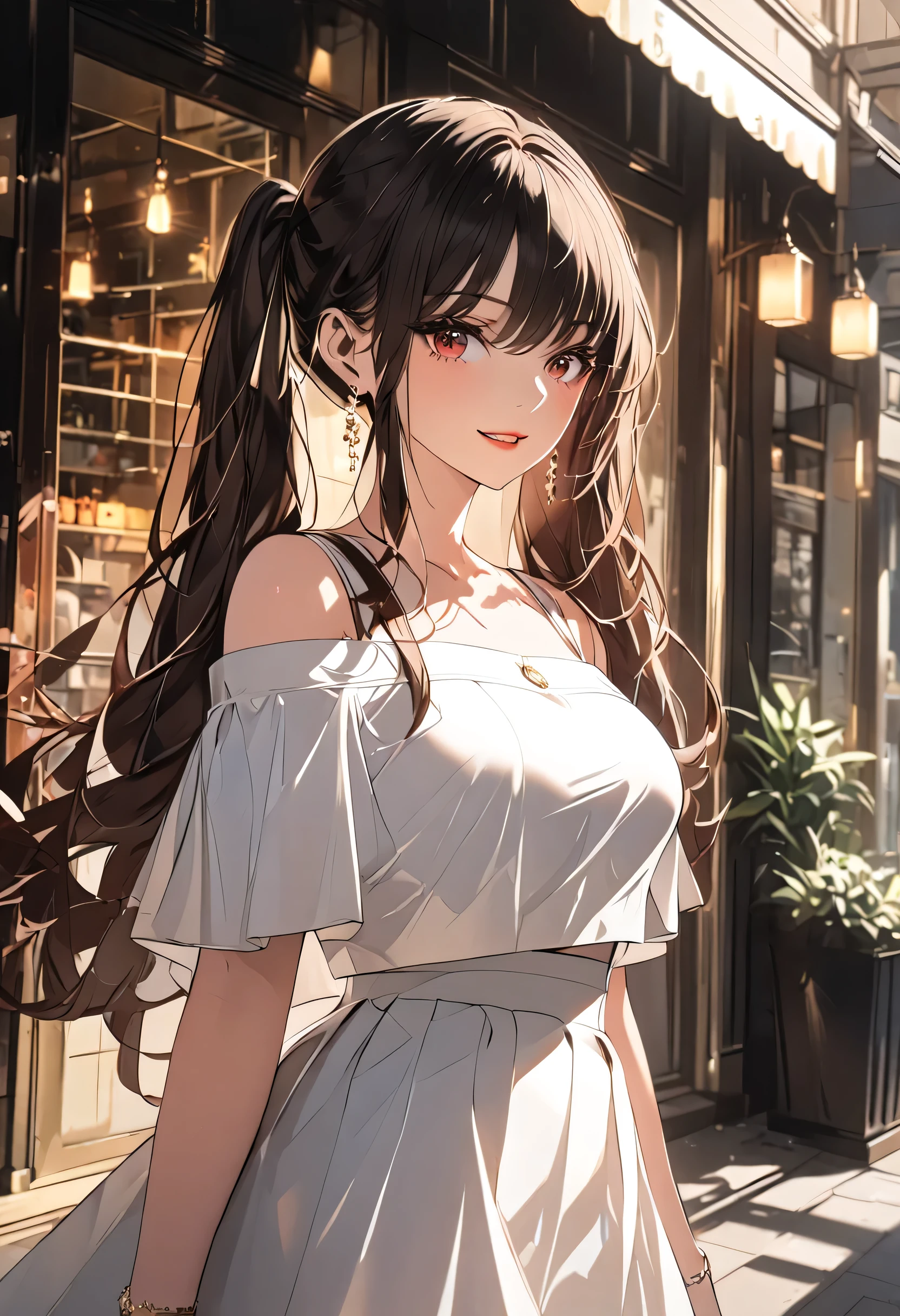  woman wearing white off-shoulder shirt and white skirt, Standing outside a cafe,  pose, Cute lipstick,   Friendly Smiles ,  natural light,  High Quality ,  detail painting  ,8k,  cinematic , Warm colors,  soft lighting , golden hour,  elegant , fashion, Lifestyle, edit, whole body, ,  pastel colors, Warm colors調,  whole bodyショット , whole body,   black high heels  , whole bodyショット , ダイナミックな pose, Big Breasts,  muted color , Skin pores, score_9, score_8_up, score_7_up, ( software ), (cowboy shot,  Dutch Angle:1.2),  1 girl , Alone,  mature woman,  thigh strap, Futao,  long hair, bangs, Brown Hair,  red eyes,  hair between eyes,  Twin Tails ,  side lock, symbol-shaped pupils,  Mismatched Gloves ,
