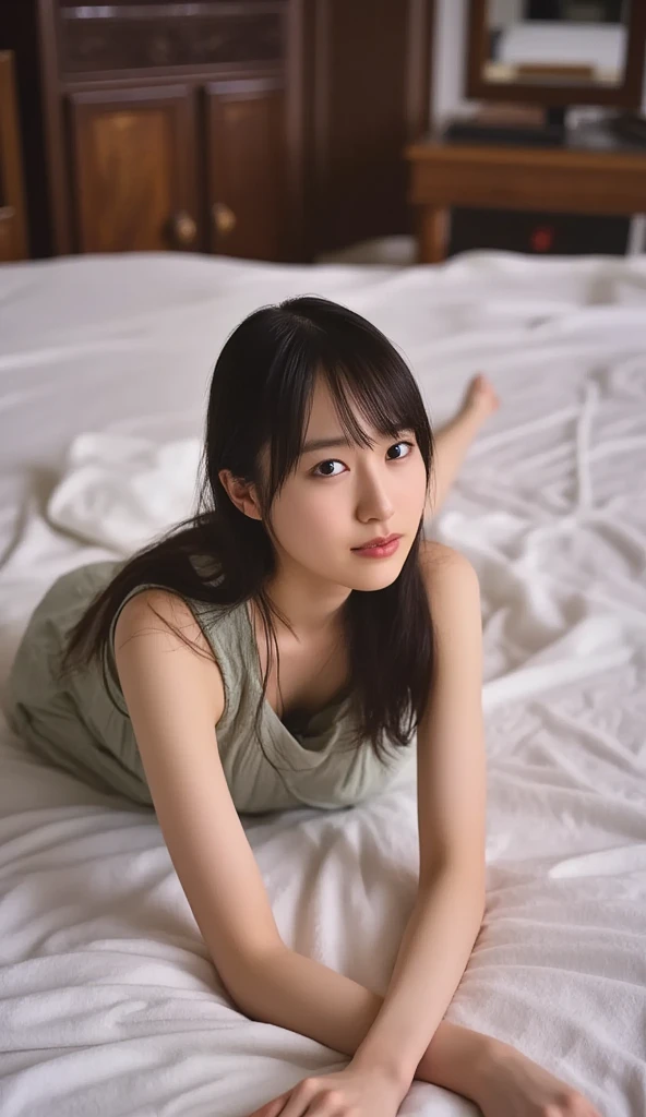 ((( top quality, very detailed bust,masterpiece, very detailed bust))) ,((( face down ))),(( open legs)),, see-through, camisole, dress,barefoot, One Girl , realistic ,bedroom、 looks sleepy