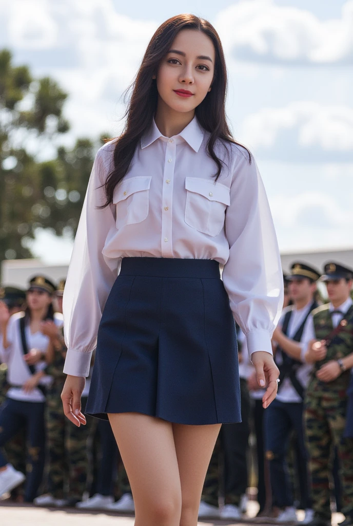 front view, windy upskirt, viewing angle from deep down, best quality, details, high quality, beautiful 19 years old hijab woman in military school uniform standing in attention on a stage in outdoor award ceremony, windy day, blowing draped hijab, blowing skirts, ((man in uniform hands over a certificate to woman)), (tight unbuttoned white long sleeve shirt:1.3), ((lifted hem of extremely short wide cut blue tight miniskirt shows woman´s naked pussy to some extent)), ((intensive suntan:1.5)), upskirt, shaved lap, (people in military school uniform applauding in background), deeply tanned, beautiful, attractive girl, slim body, medium sized breasts, thigh gap, ((narrow waist)), slender body, shy smile, medium skin, Korean+Malaysian, draped hijab, windyupskirt, Realistic