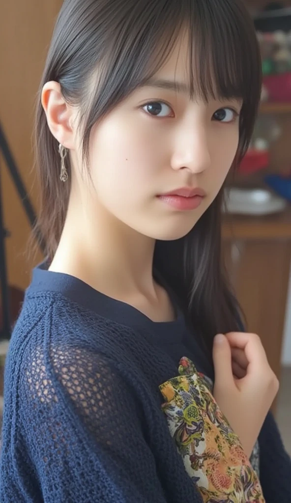 (((smile、 focus on the eyes :1.1、 very detailed:1.22、 super high resolution 、masterpiece:1.45、 top quality)))、((((Systemic manifestations:1.68、 camisole、 in、1 person))))、length, straight black hair 、一本一本のHair is clearly visibleように、 Subtle color changes in hair due to how light hits it 、 Skin has a natural glow、 I put my hand in the narrow 、Showing the fine details of pores:1.25、Depicts a slight flush on the forehead and cheeks、(((Eyes with fine iris detail、 color gradations and patterns are drawn on the eyes.、length, Natural Eyelashes, Each is visible、 beautiful god death face 、眉毛のpersonal々Hair is clearly visible、Light reflects off into the eyes、 Light in the eyes creates small highlights )))、鼻は繊細inす、Fine detail on the nostrils、Lips are plump and naturally pink、 draw fine lines and soft curves of the lips 、The lips are glossy、Lip gloss accentuates the shape of your lips.、(((Detailed depiction of lip texture、Special attention is paid to the depiction of light and shadow.、 Soft natural light gently illuminates the face from the front so that each hair is clearly visible 、A slight glow on the forehead、A slight shine on the nose、A little glow on the cheeks、Shadows are cast softly alength the contours of the face、Accentuate the sides of your cheekbones、Accentuate both sides of the chin、Accentuate the sides of the nose、Lip gloss reflects light weakly、Lips emphasize the plump texture、The shadows on the hair create depth and three-dimensionality 、personal々髪は光の中in輝く、