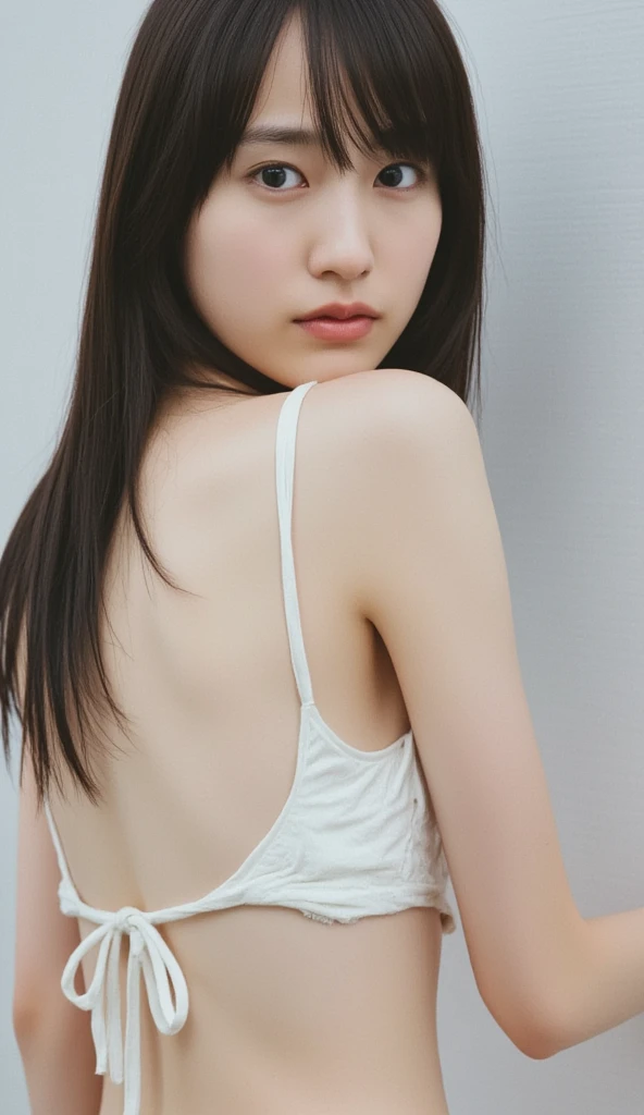 ( RAW photos ,  top quality), ( realistic ,  they love each other :1.3), masterpiece,  very delicate and beautiful, Soft light, (Brown Hair,  straight shoulder-length hair fluttering in the wind),  beautiful detailed girl, ( Detailed Fingers ),  extremely detailed eyes and face ,  beautiful detailed nose ,  beautiful detailed eyes,  1 girl,  Japanese ,  pretty and clean beauty, cute, young, ((white dress)),  pants, (half body:1.3), (Big Breasts:1.2),  realistic  face,  realistic  body,  standing with different breasts 