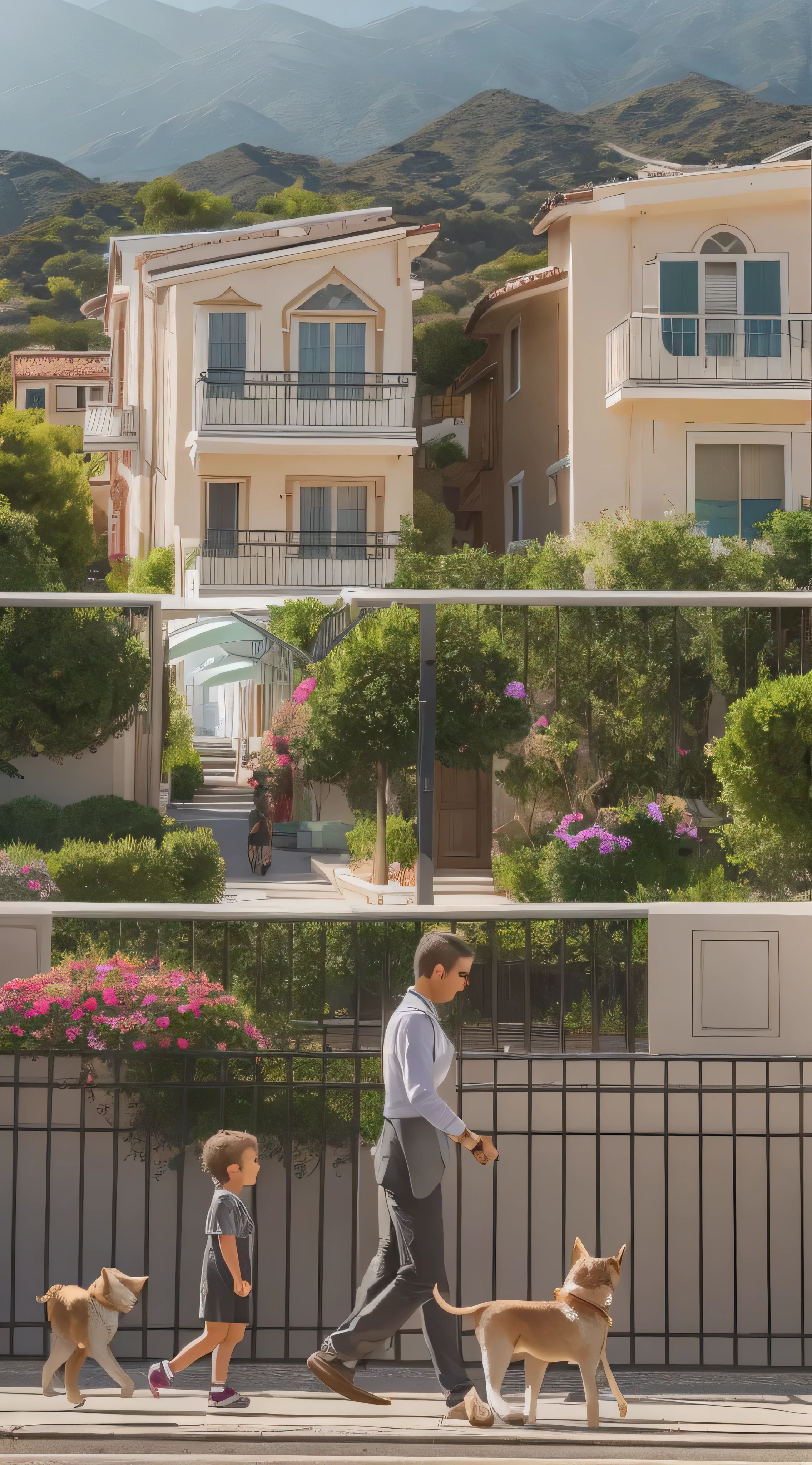  in high-definition images，The mother of the  follows from right behind in a residential area 、Beautiful sunny day and a baby walking a dog. detailed images.The baby is a very realistic movie-like image.. in LA in the United States.Drama　Images of Melrose Place。