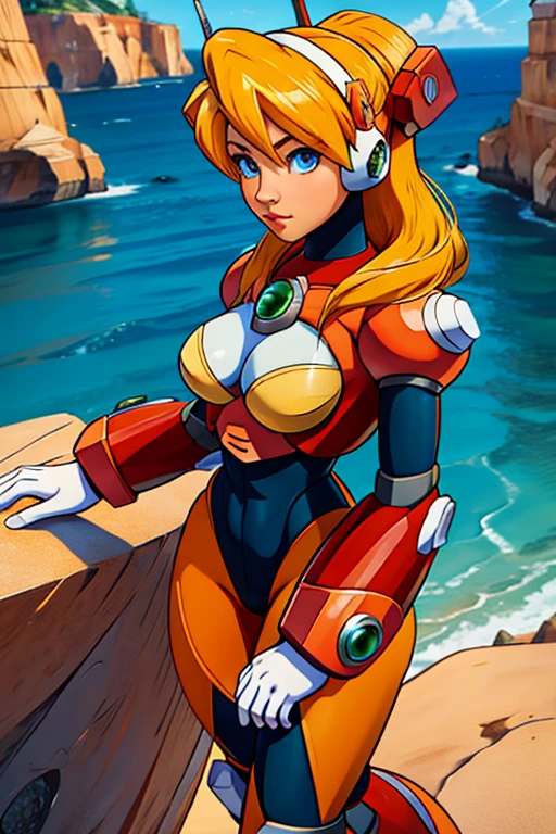 alia_megamanx, 1girl, solo, breasts, blue eyes, blonde hair, android, long hair, robot ears, overlooking the ocean on the edge of a rock, in the style of avian-themed, realistic yet stylized, villagecore, azure, orange and azure, dragoncore, aerial view