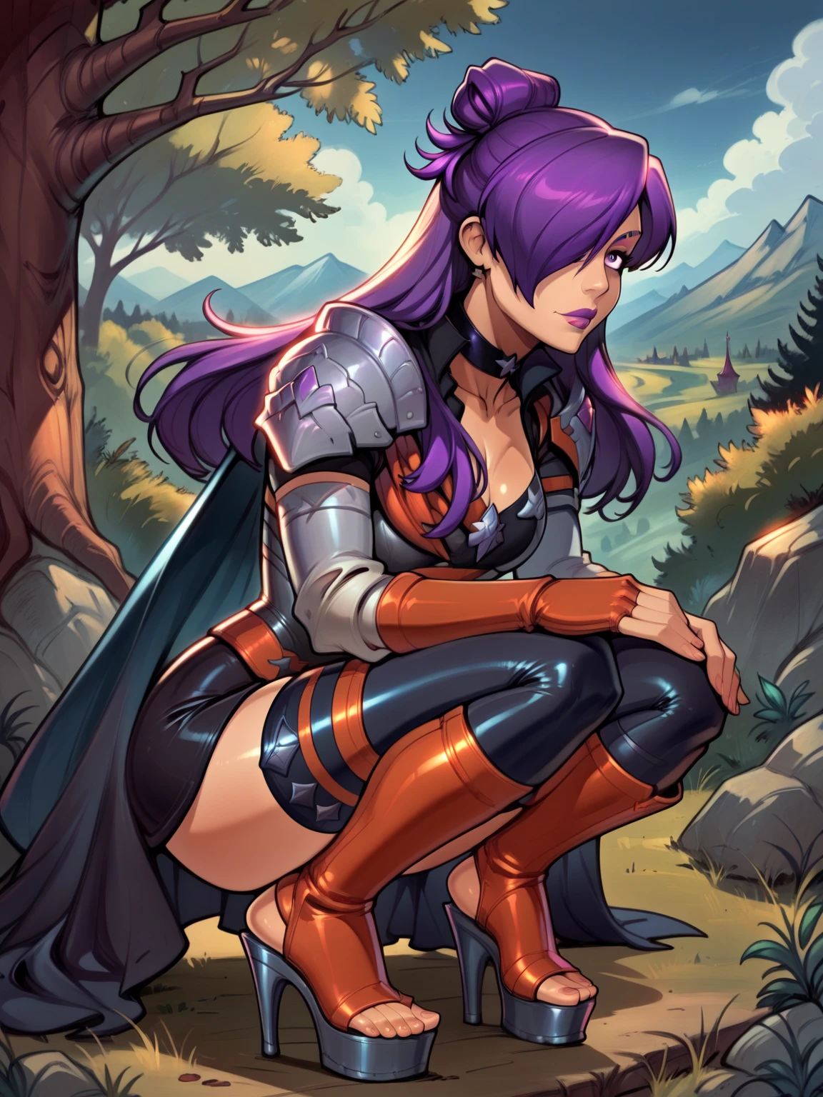 score_9, score_8_up, score_7_up, BREAK, masterpiece, best quality, shez, hair over one eye, choker, armor, cape, black dress, single glove, thighhighs, armored legwear, orange boots, closed mouth, trees, mountains,reiq art style,wearing platform heels,stirrup legwear,purple hair,squatting,feet,perfect feet,dynamic pose,hair bun