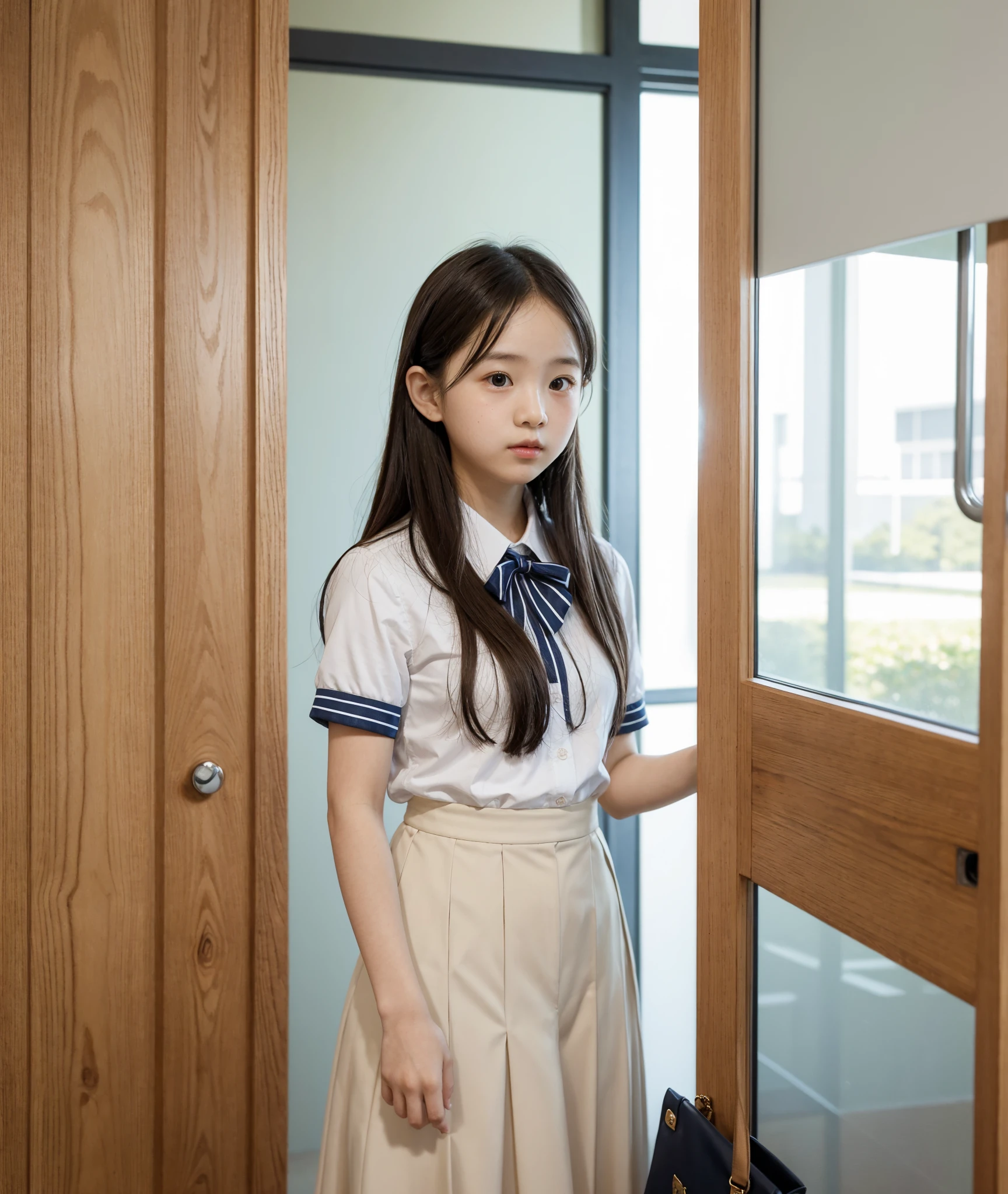  s,uniform,Line up quietly before entering the classroom, girl,cute, Masterpiece, Details