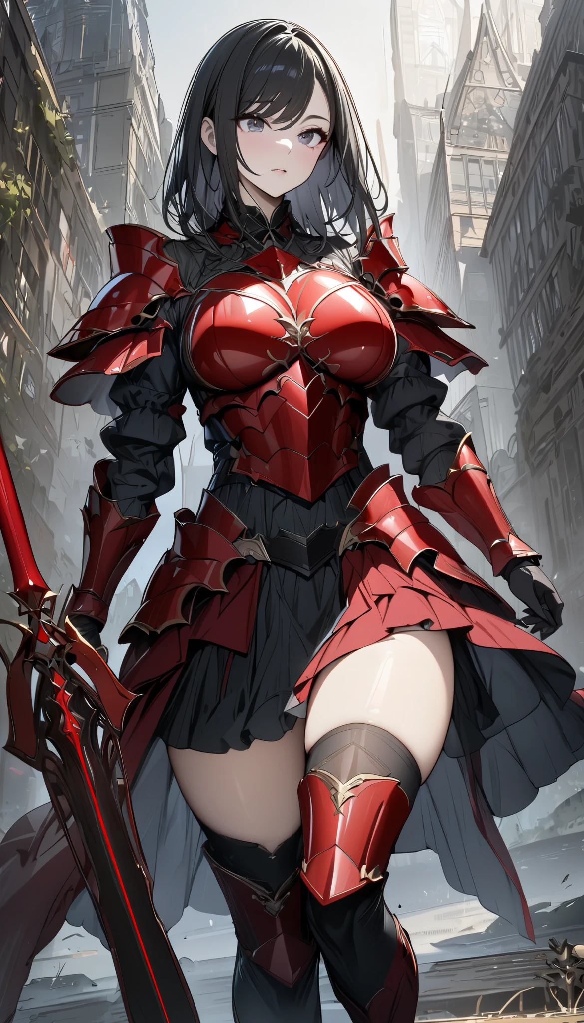 (masterpiece,  top quality :1.2,超 high definition ,  detailed description  、  high detail 、correct、  high definition  )、 One Girl 、Big Breasts、 black hair、swept bangs、 medium hair taken from the front、 knee-high、 clothes that allow you to see the chest 、I'm wearing red armor、 has a spear、 hold the weapon in front