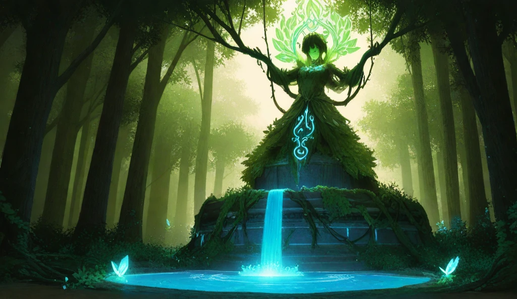 “Create a vibrant and mystical illustration of a sacred fountain, the source of immense magical power, located deep within an enchanted forest. The fountain radiates a brilliant, ethereal green light, its glow illuminating the surroundings and highlighting intricate ancient stone carvings, glowing runes, and overgrown vines that emphasize its timeless enchantment. The light from the fountain flows upward, weaving through the trunks and branches of towering trees, making them pulse with magical energy. The forest is alive with vibrant detail: the towering trees are adorned with glowing green leaves, their dense canopy forming a natural roof that allows streaks of radiant light to pierce through. The forest floor teems with dark moss, luminous magical symbols, and radiant plants that emit a soft glow, creating an atmosphere of pulsating mystical energy. A gentle, shimmering green mist drifts through the air, amplifying the magical ambiance, while faint spectral lights flicker and dance among the trees, casting animated shadows that enhance the forest’s mysterious allure. The scene reflects a pivotal moment of transformation, symbolizing the end of an ancient era and the dawn of a new age of balance and power. The brighter color palette features lush greens and radiant light contrasting elegantly against the darker undertones of the forest. Magical energy radiates from every element—the glowing leaves, pulsating vines, and shimmering runes on the tree trunks—imbuing the scene with life, power, and the eternal magic of the sacred forest.”