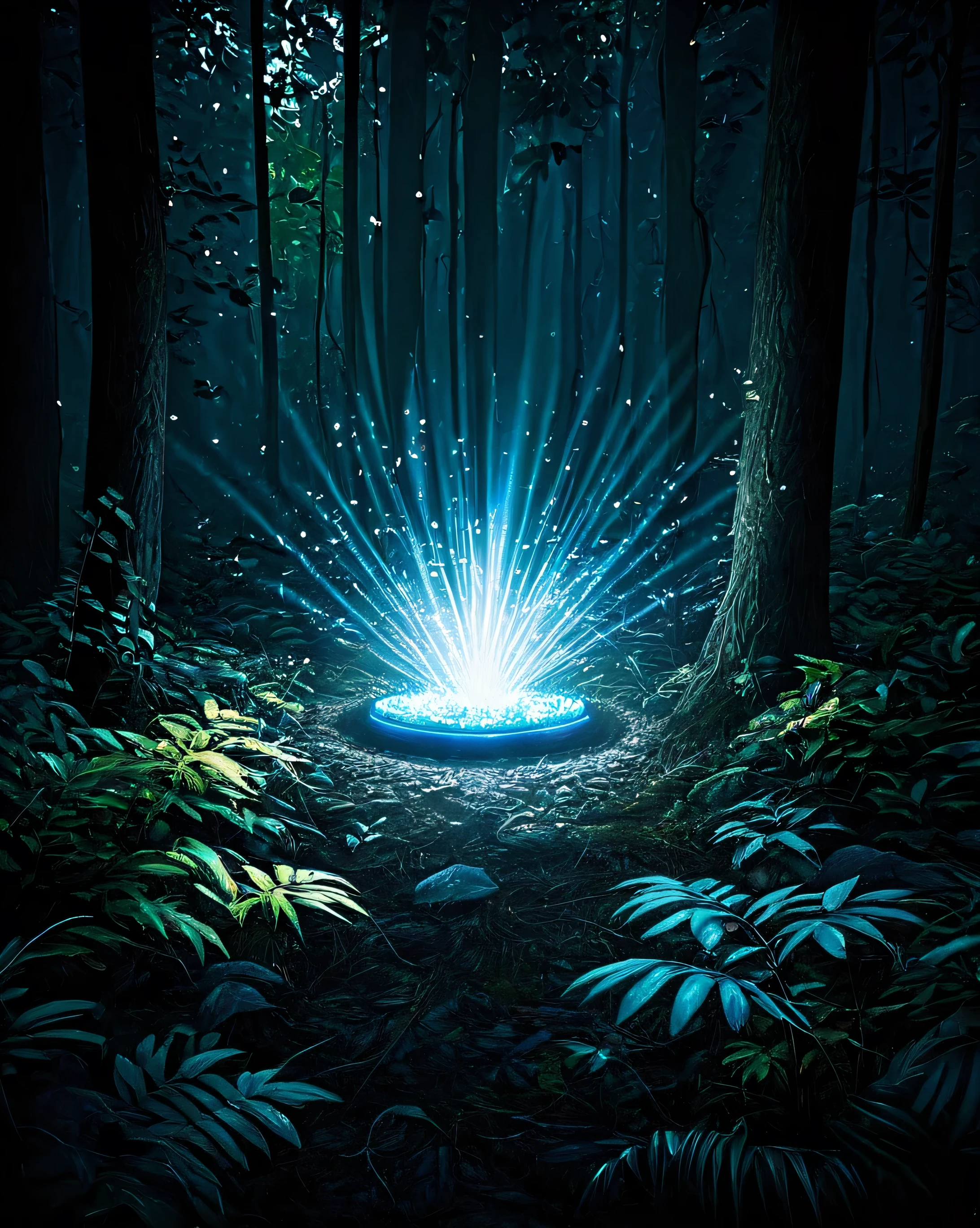  a halogen lamp is the focus of the image ,  buried among foliage in a dark forest , It is lit in shades of blue , with a ray of light around it ,  from which round magic sparks appear ,   keeping the dark tone around it but illuminated in the center.  The image is in high resolution ,  in a realistic style but with a video game image tone ,  something that mixes 3D with reality 