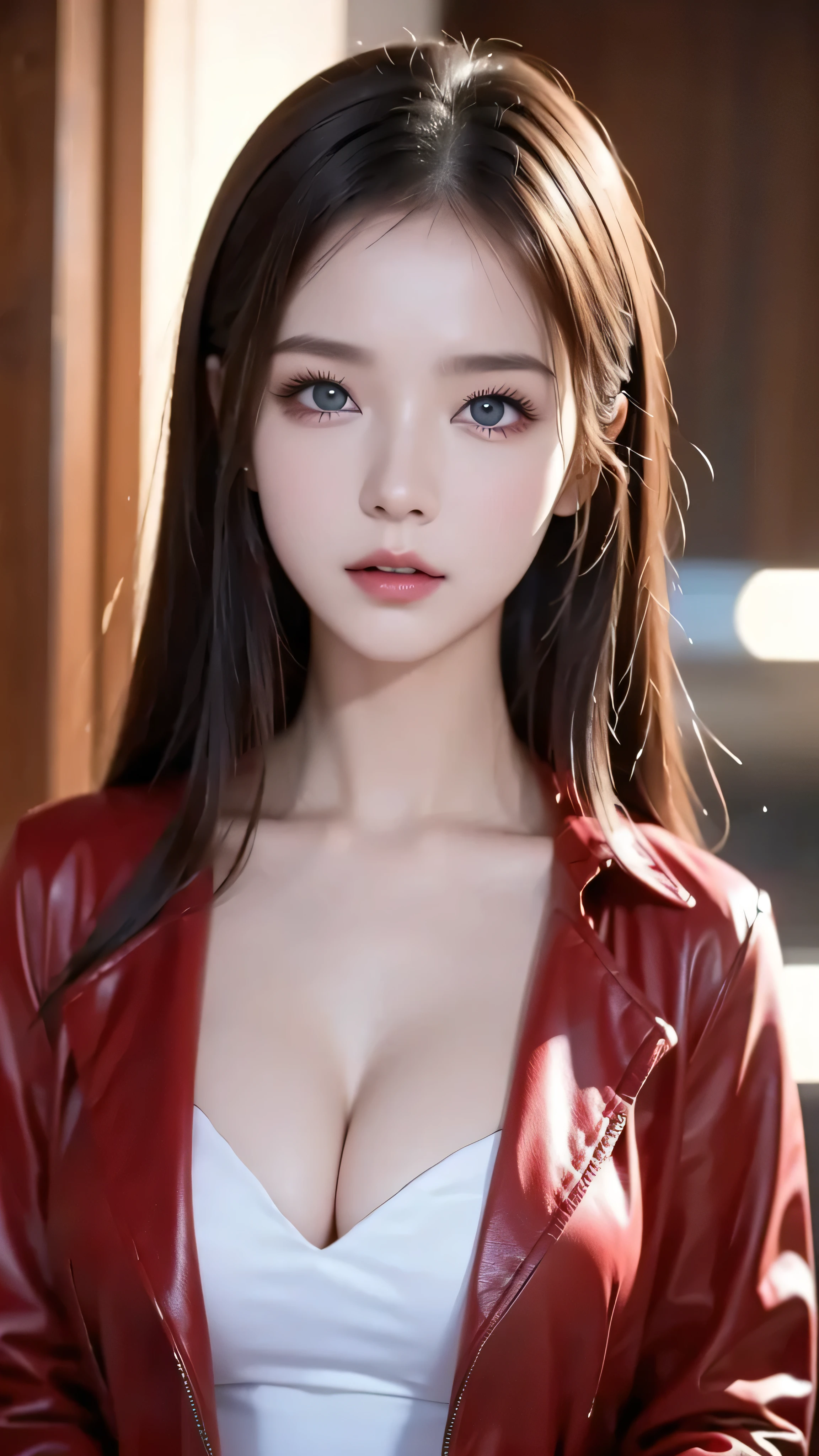  Realistic black eyed beautiful girl ,  blue-white skin,  medium length dark hair,  perfect face,  perfect eyes,  Wearing a red coat ,  very detailed bust, Comprehensive cinematography ,  Digital Paint, 8k,  cinematic lighting,  top quality,  high definition , Detailed work,  Post Processing, Perfect results,  surrenders