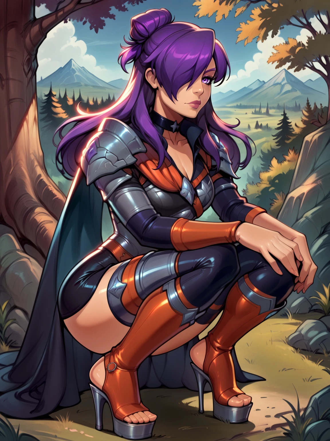 score_9, score_8_up, score_7_up, BREAK, masterpiece, best quality, shez, hair over one eye, choker, armor, cape, black dress, single glove, thighhighs, armored legwear, orange boots, closed mouth, trees, mountains,reiq art style,wearing platform heels,stirrup legwear,purple hair,squatting,feet,perfect feet,dynamic pose,single hair bun