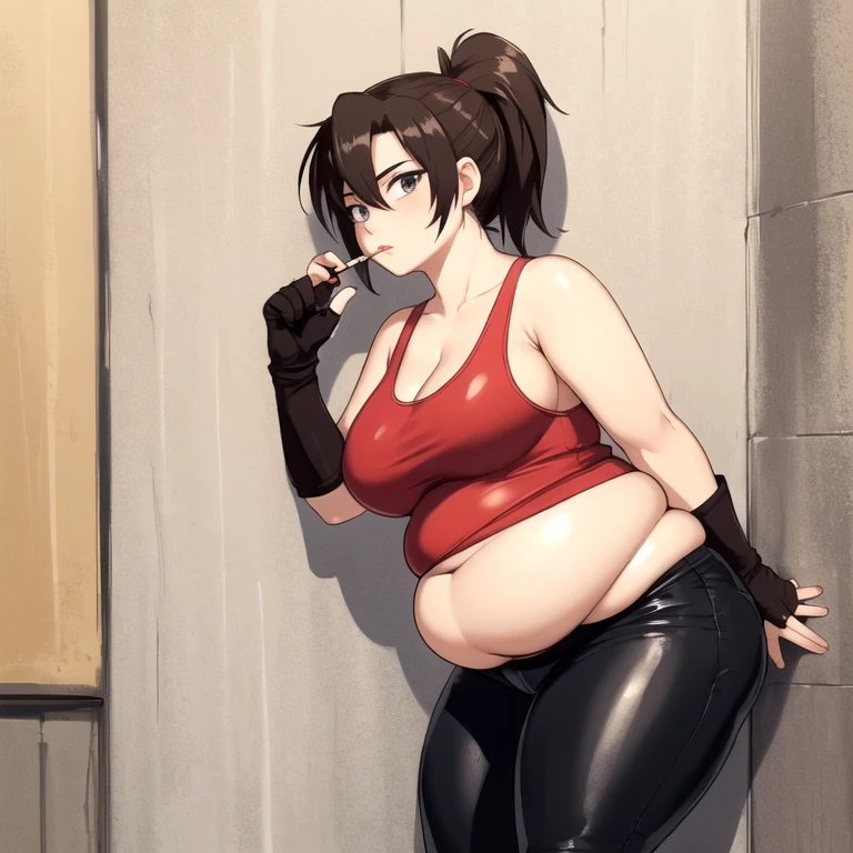 (masterpiece, highest quality:1.2), solo, 1girl, revy, 45-year-old, mature woman, milf, (Chubby figure:1.5), expressionless, looking at viewer, ponytail, (Wearing: red tank top, fingerless gloves, black leather pants), holding a cigarette, city street, standing, leaning up against a wall
