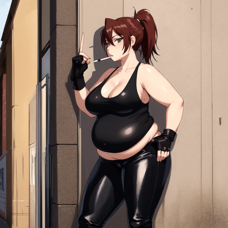 (masterpiece, highest quality:1.2), solo, 1girl, revy, 45-year-old, mature woman, milf, (Chubby figure:1.5), expressionless, looking at viewer, ponytail, (Wearing: red tank top, fingerless gloves, black leather pants), holding a cigarette, city street, standing, leaning up against a wall
