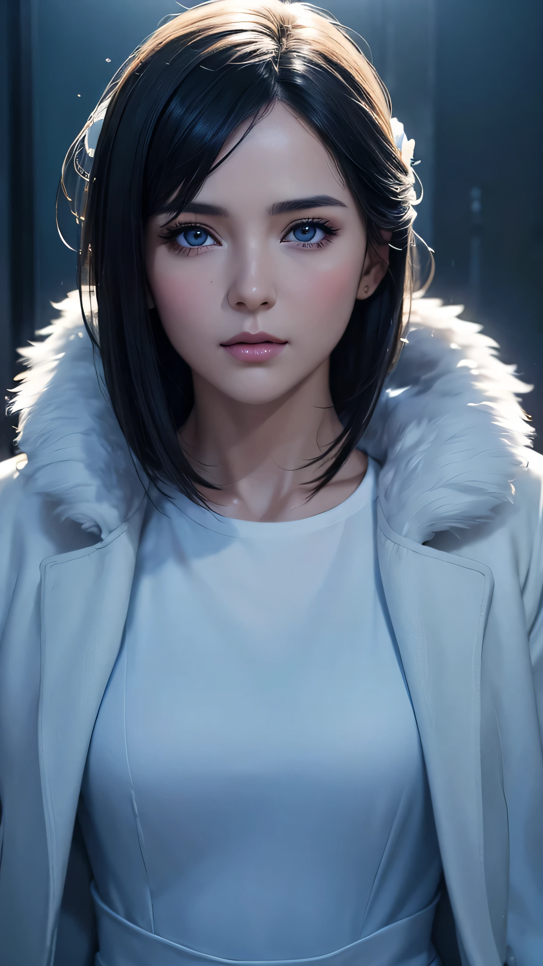  Realistic black eyed beautiful girl ,  blue-white skin,  medium length dark hair,  perfect face,  perfect eyes,  With the coat on  ,  very detailed bust, Comprehensive cinematography ,  Digital Paint, 8k,  cinematic lighting,  top quality,  high definition , Detailed work,  Post Processing, Perfect results,  surrenders