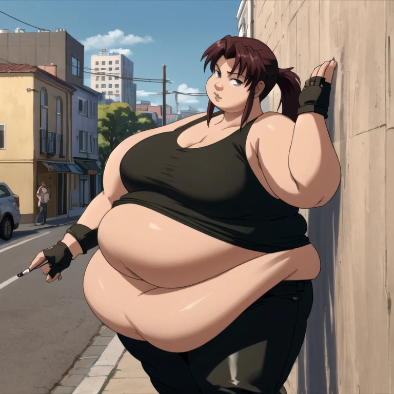 (masterpiece, highest quality:1.2), solo, 1girl, revy, 45-year-old, mature woman, milf, (obese figure:1.5), expressionless, looking at viewer, ponytail, (Wearing: red tank top, fingerless gloves, black leather pants), holding a cigarette, city street, standing, leaning up against a wall
