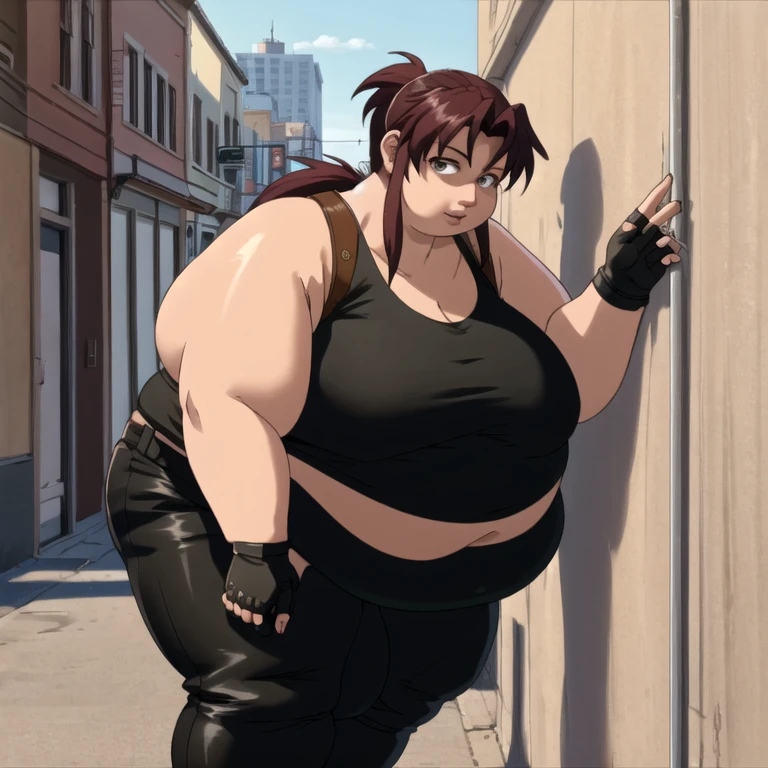 (masterpiece, highest quality:1.2), solo, 1girl, revy, 45-year-old, mature woman, milf, (obese figure:1.5), expressionless, looking at viewer, ponytail, (Wearing: red tank top, fingerless gloves, black leather pants), holding a cigarette, city street, standing, leaning up against a wall
