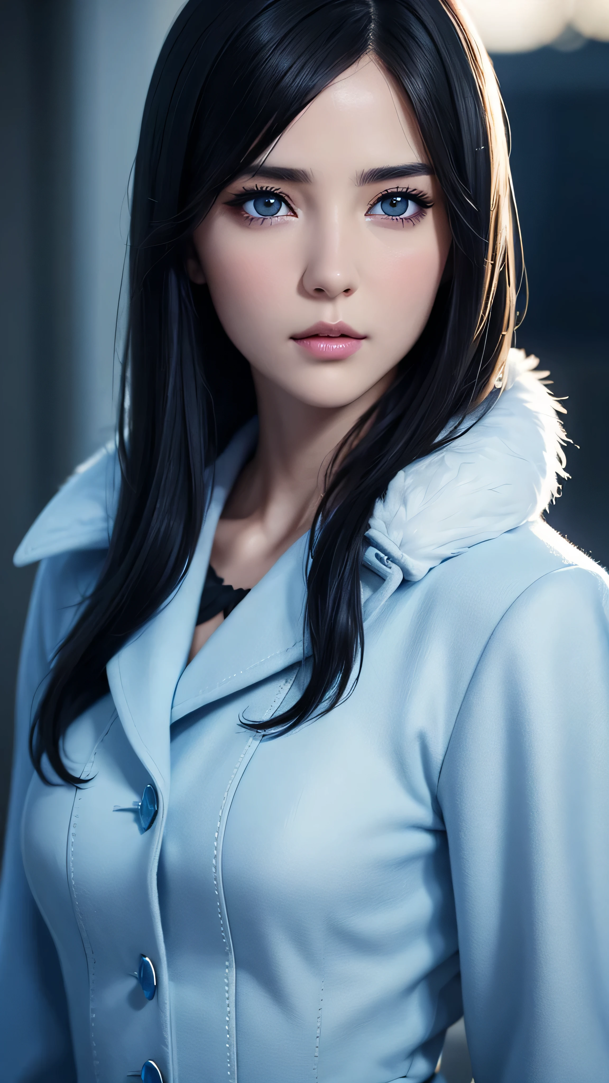  Realistic black eyed beautiful girl ,  blue-white skin,  medium length dark hair,  perfect face,  perfect eyes,  With the coat on  ,  very detailed bust, Comprehensive cinematography ,  Digital Paint, 8k,  cinematic lighting,  top quality,  high definition , Detailed work,  Post Processing, Perfect results,  surrenders