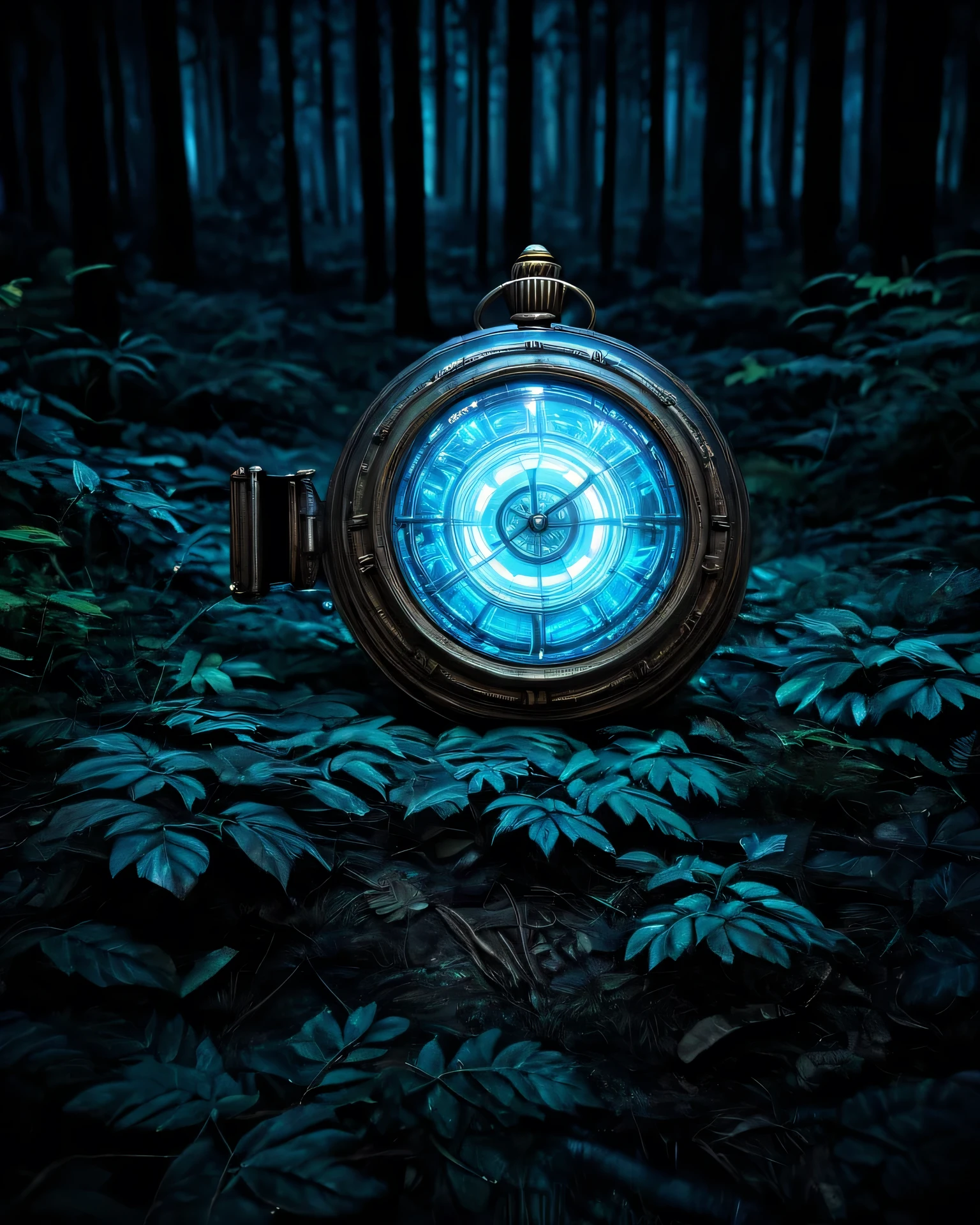 in a dark forest,  a classic pocket watch , antique in shades of blue , The focus of the image ,  around you but illuminated in the center giving highlight.  The image is in high resolution ,  in a realistic style but with a video game image tone ,  something that mixes 3D with reality 